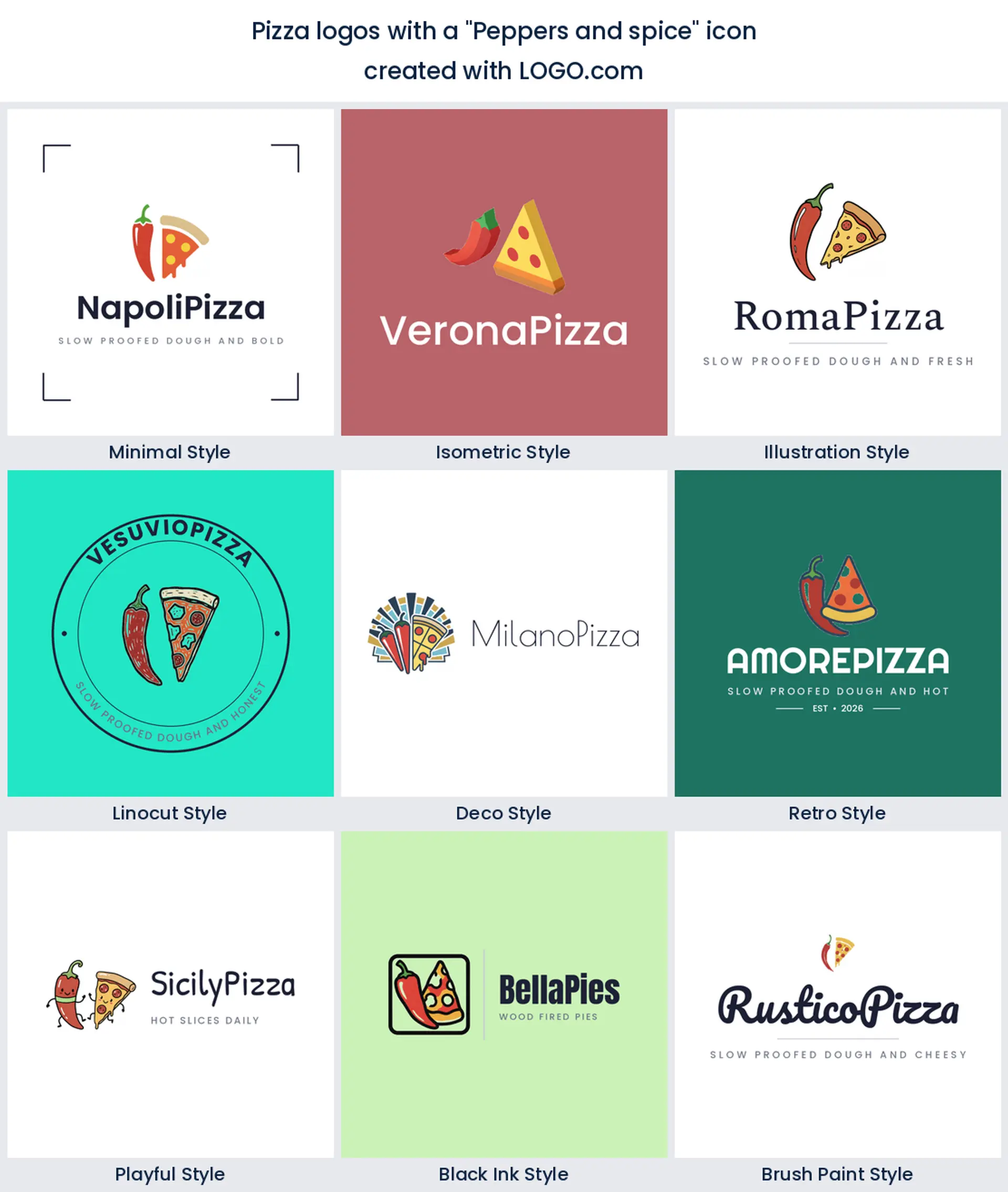 Peppers and spice pizza logo shown in nine LOGO.com styles.