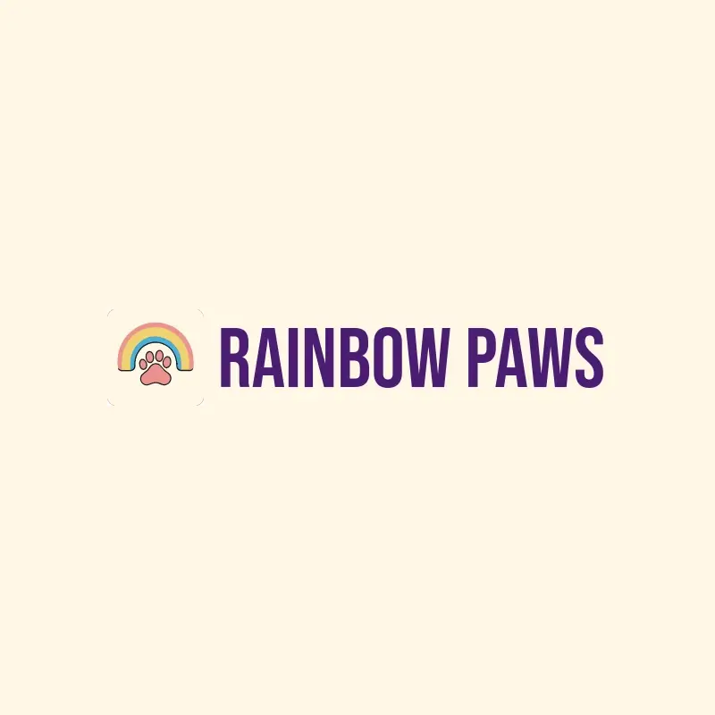 The pet business name Rainbow Paws as a branded logo with a color icon