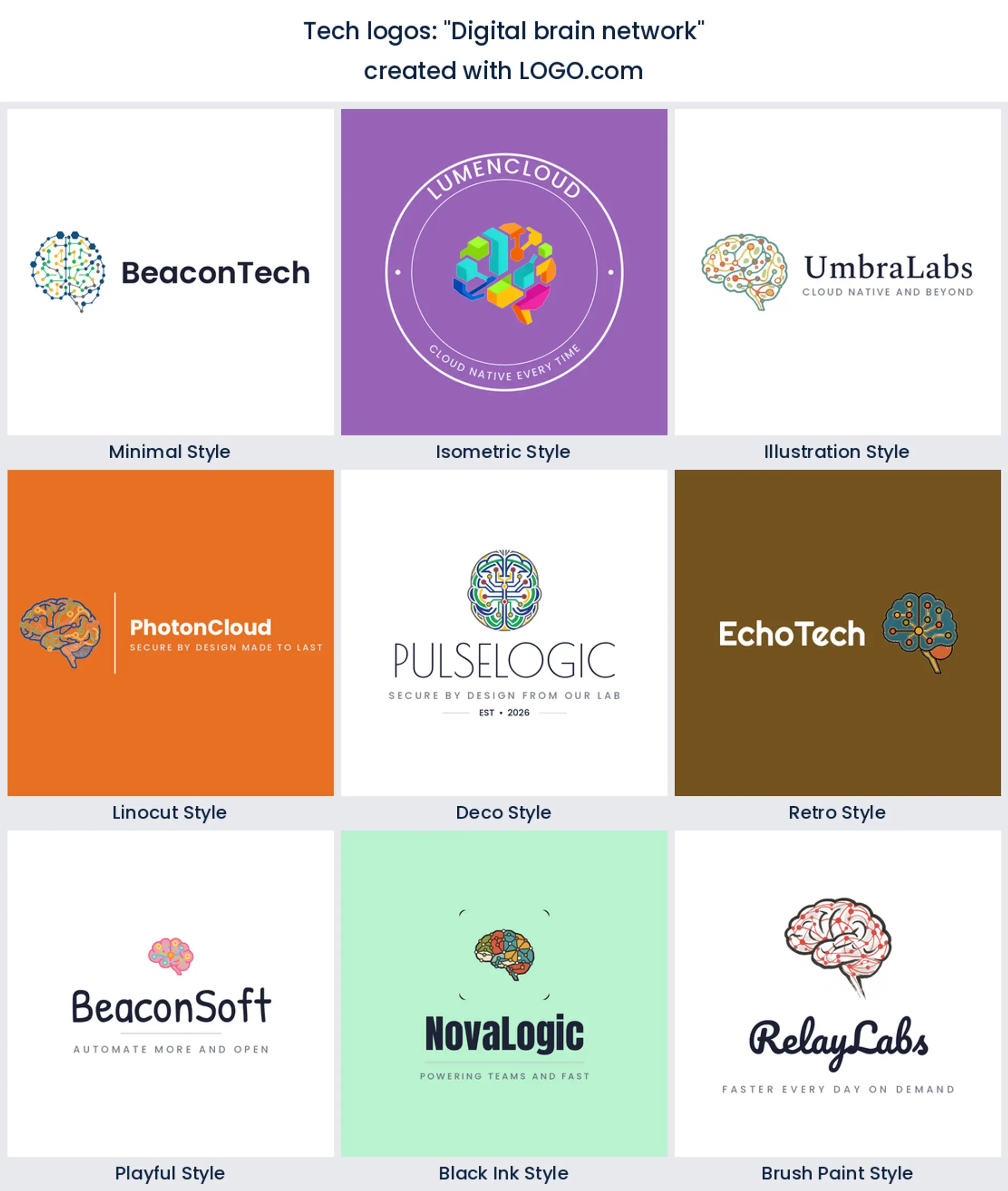 Digital brain network tech logo in nine styles.