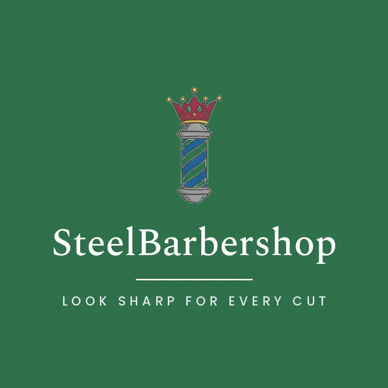 An illustrated crown and barber pole logo on a green background.
