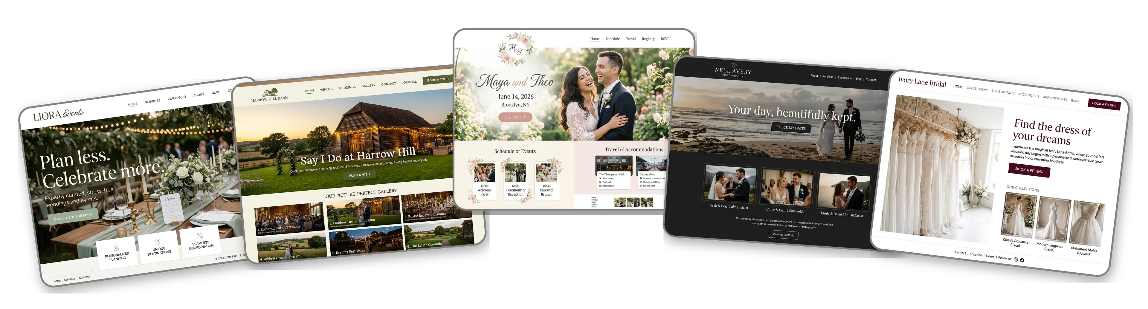 Five wedding websites built with LOGO.com from a logo upload: a wedding planner, a barn wedding venue, a couple's wedding website, a wedding photographer and a bridal boutique