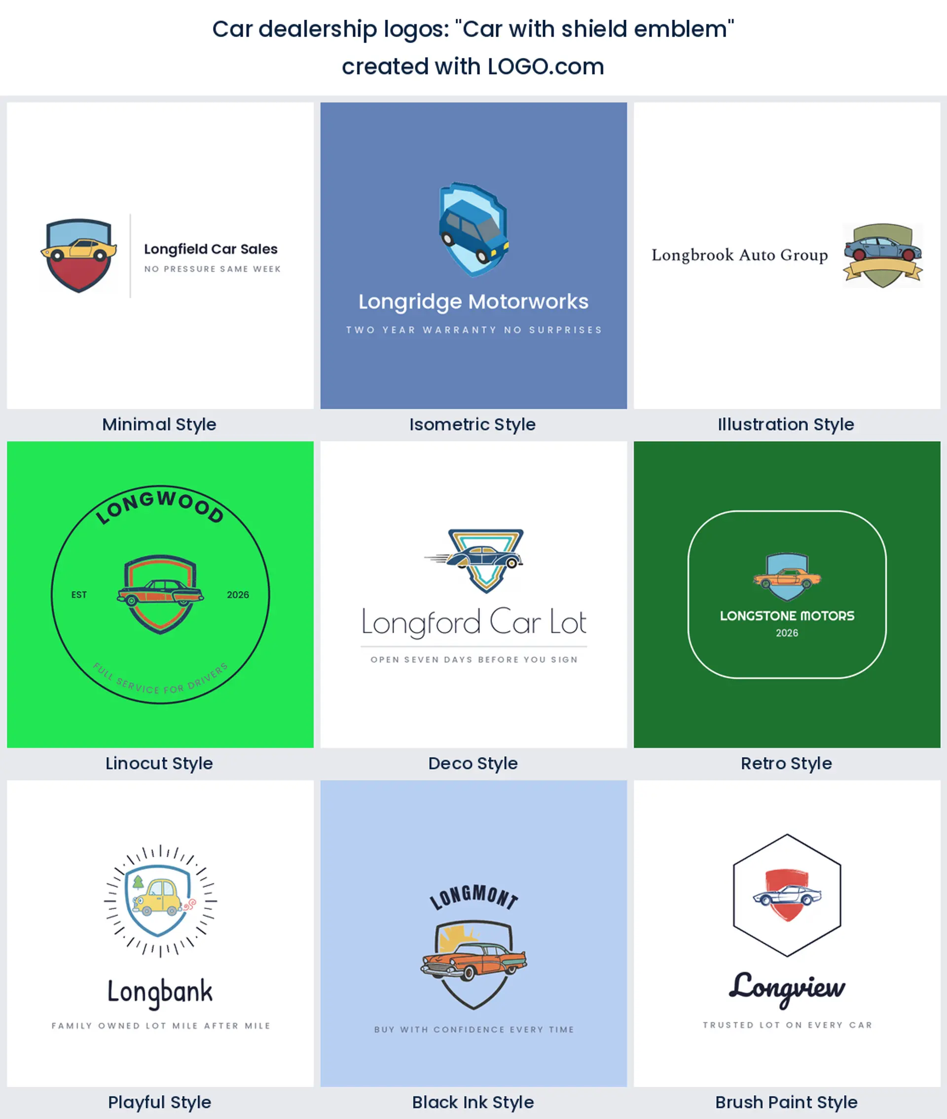 Car and shield emblem automotive logo in nine styles