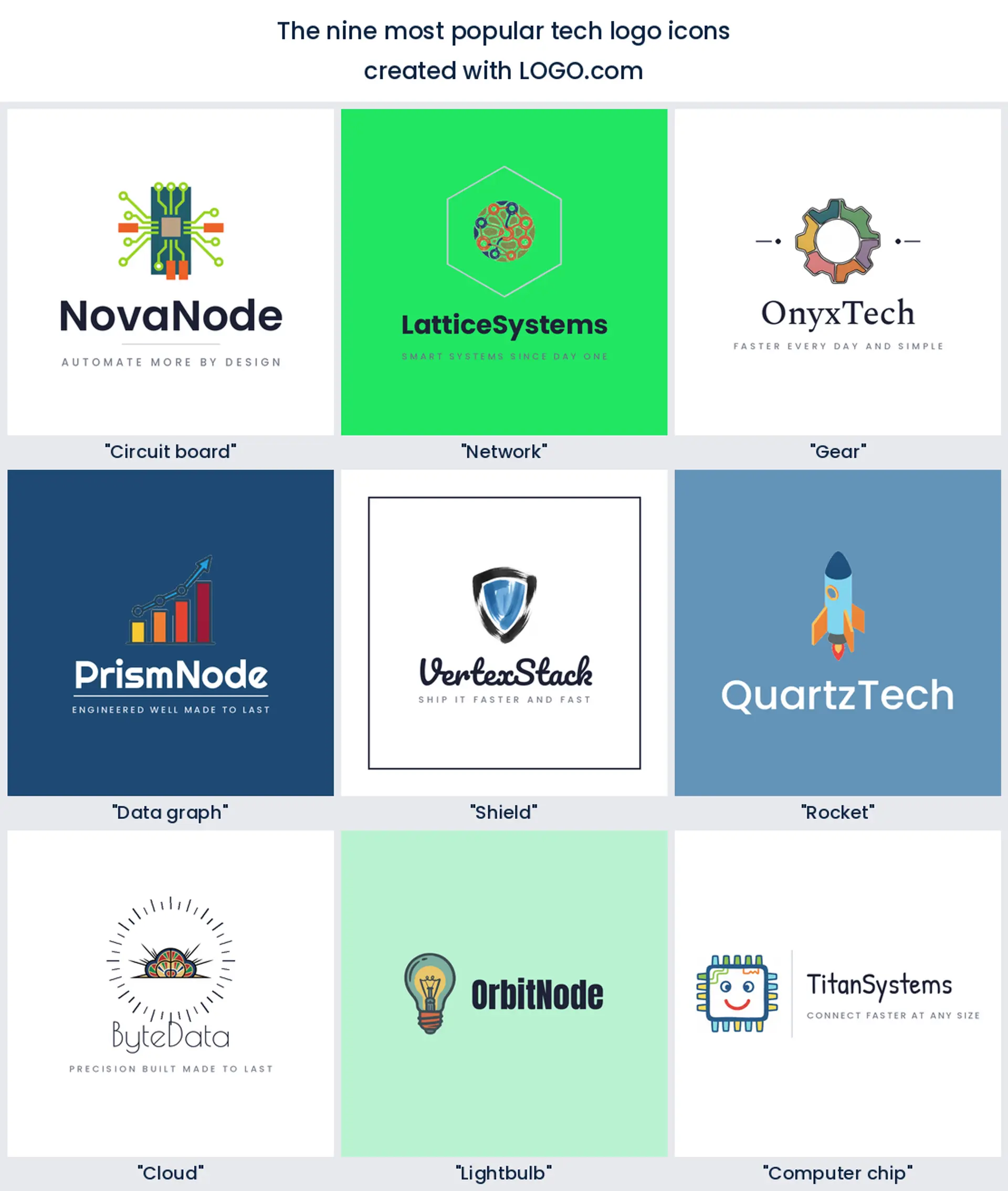 The nine most popular tech logo icons on LOGO.com, shown in colored styles.