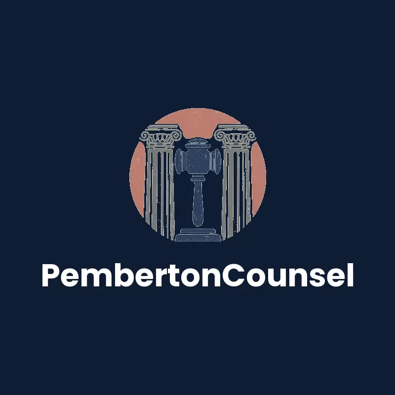 Linocut legal logo with a gavel in front of stone columns for PembertonCounsel