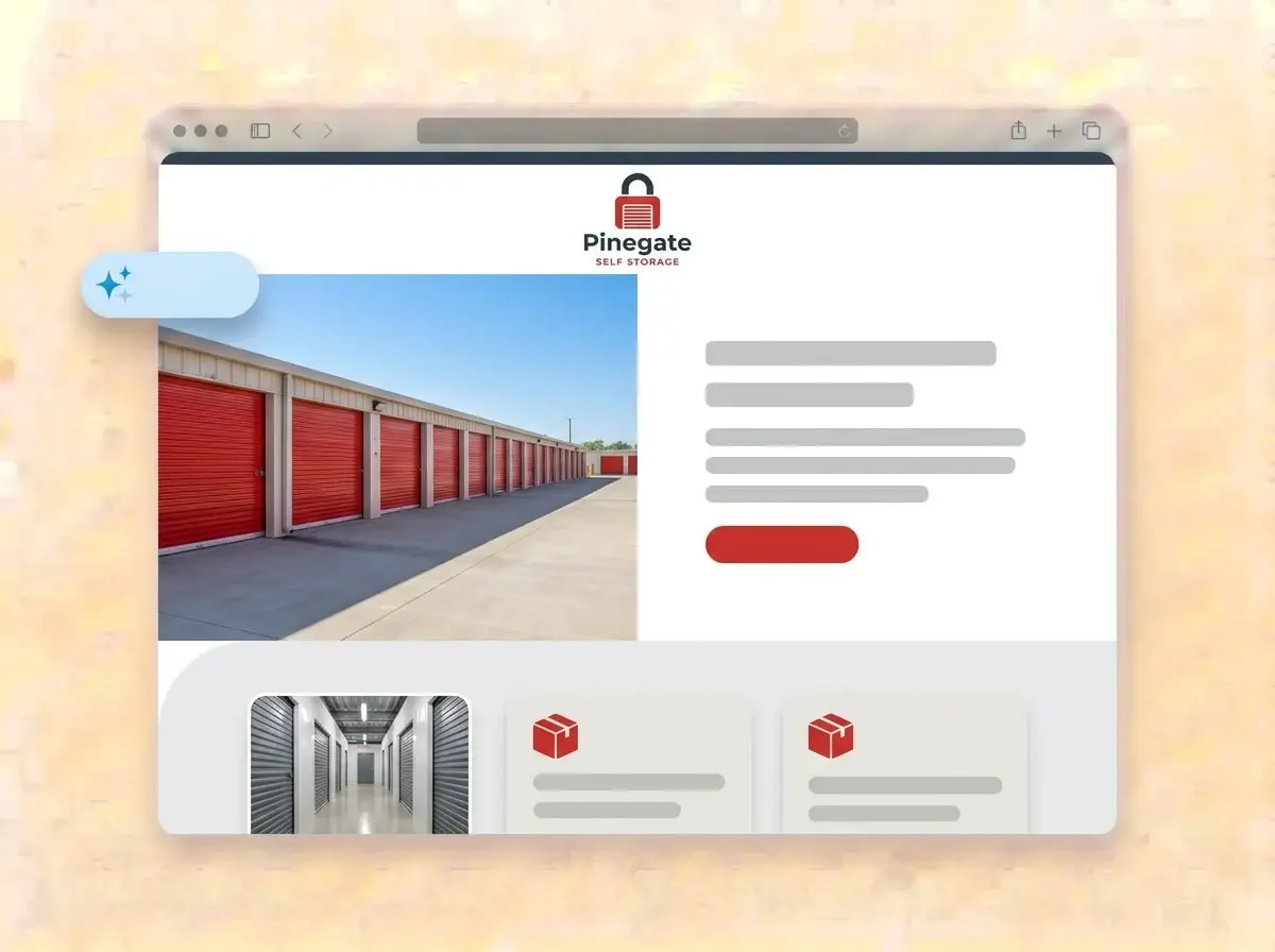 Finished Pinegate Self Storage website built by LOGO.com from the uploaded logo, with a sunny row of red roll up storage doors in the hero photo