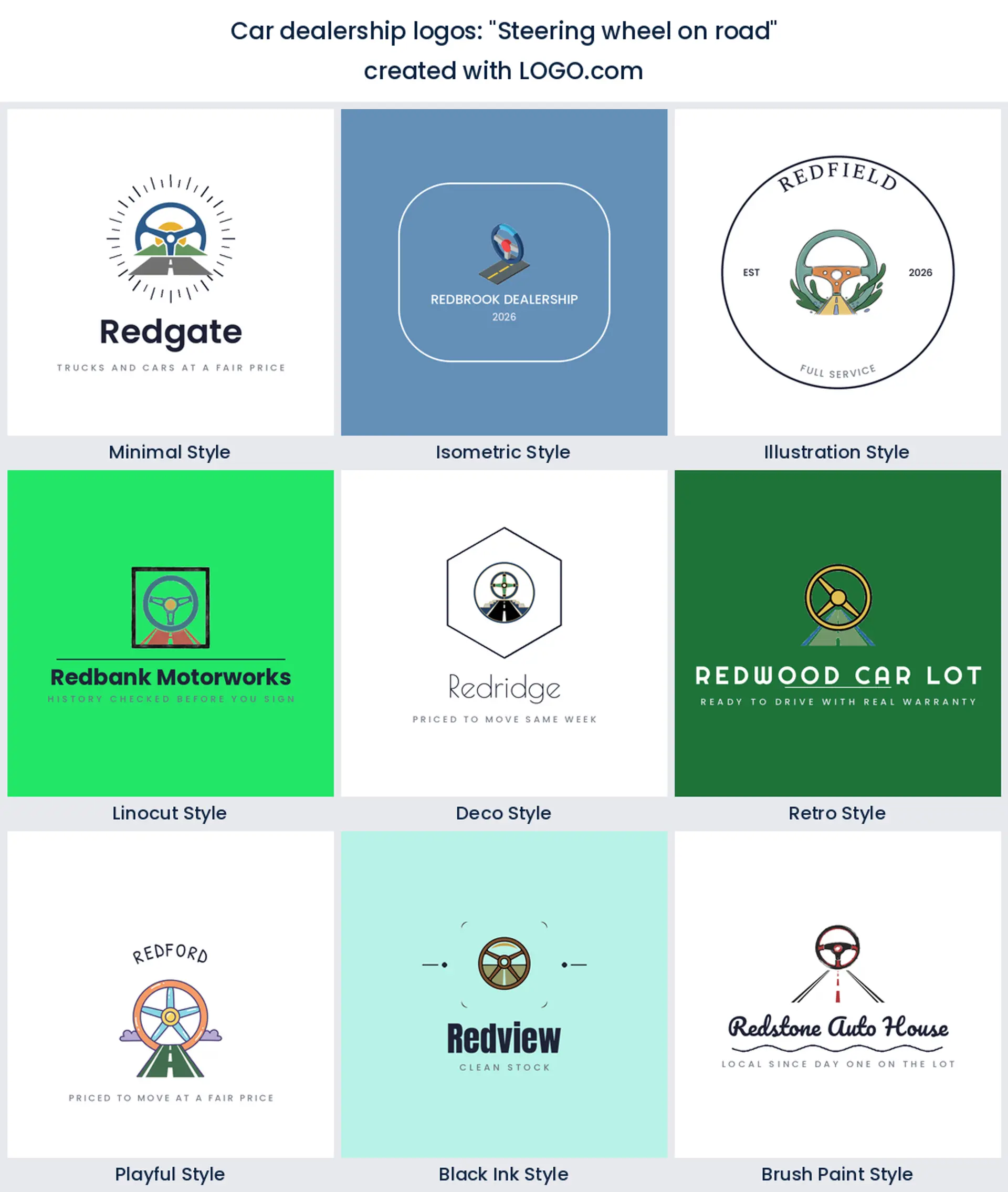 Steering wheel and road automotive logo in nine styles