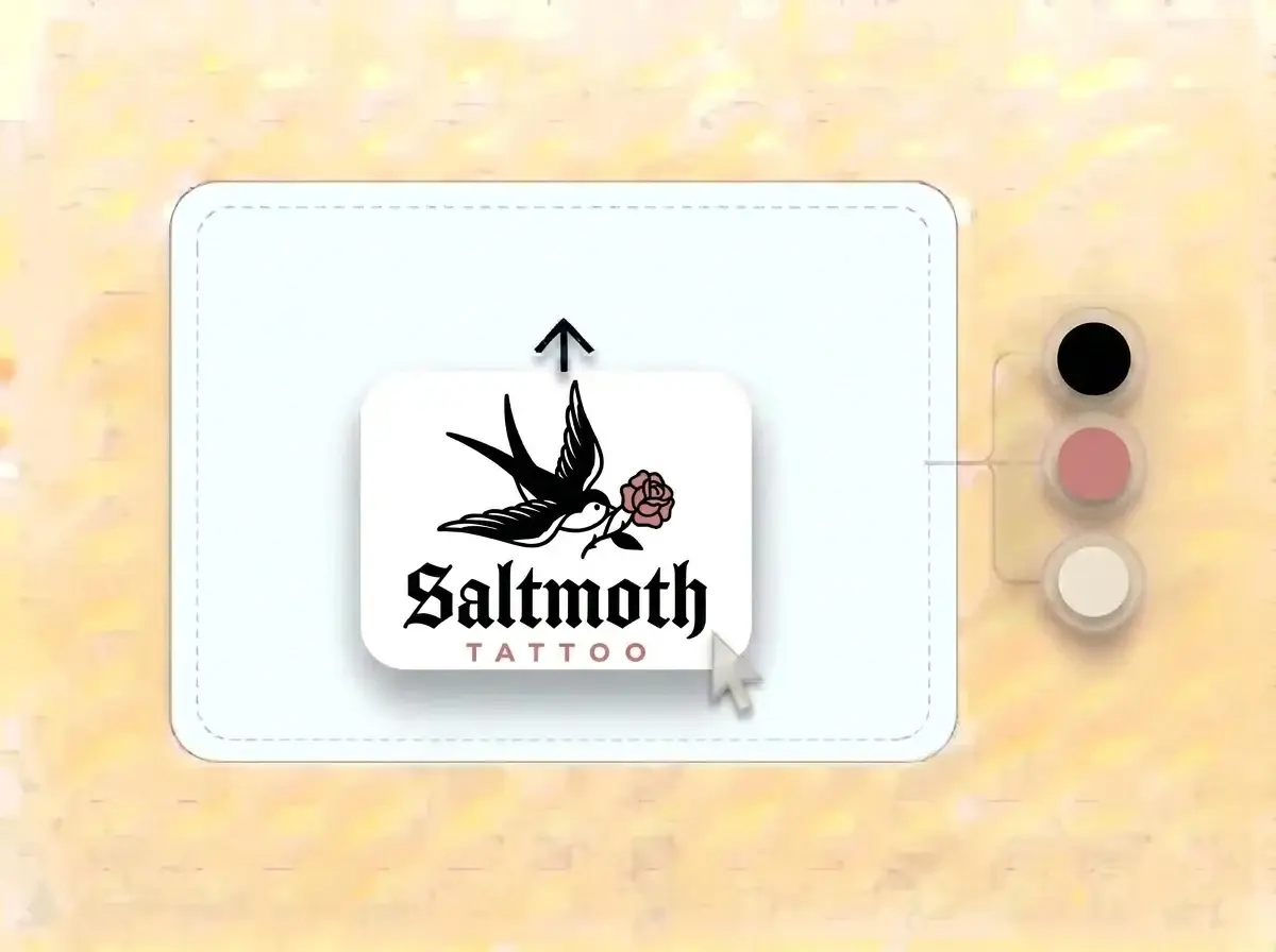 Saltmoth Tattoo logo, a black swallow carrying a dusty rose on a white card, dropped into the LOGO.com upload box with its colors split into swatches