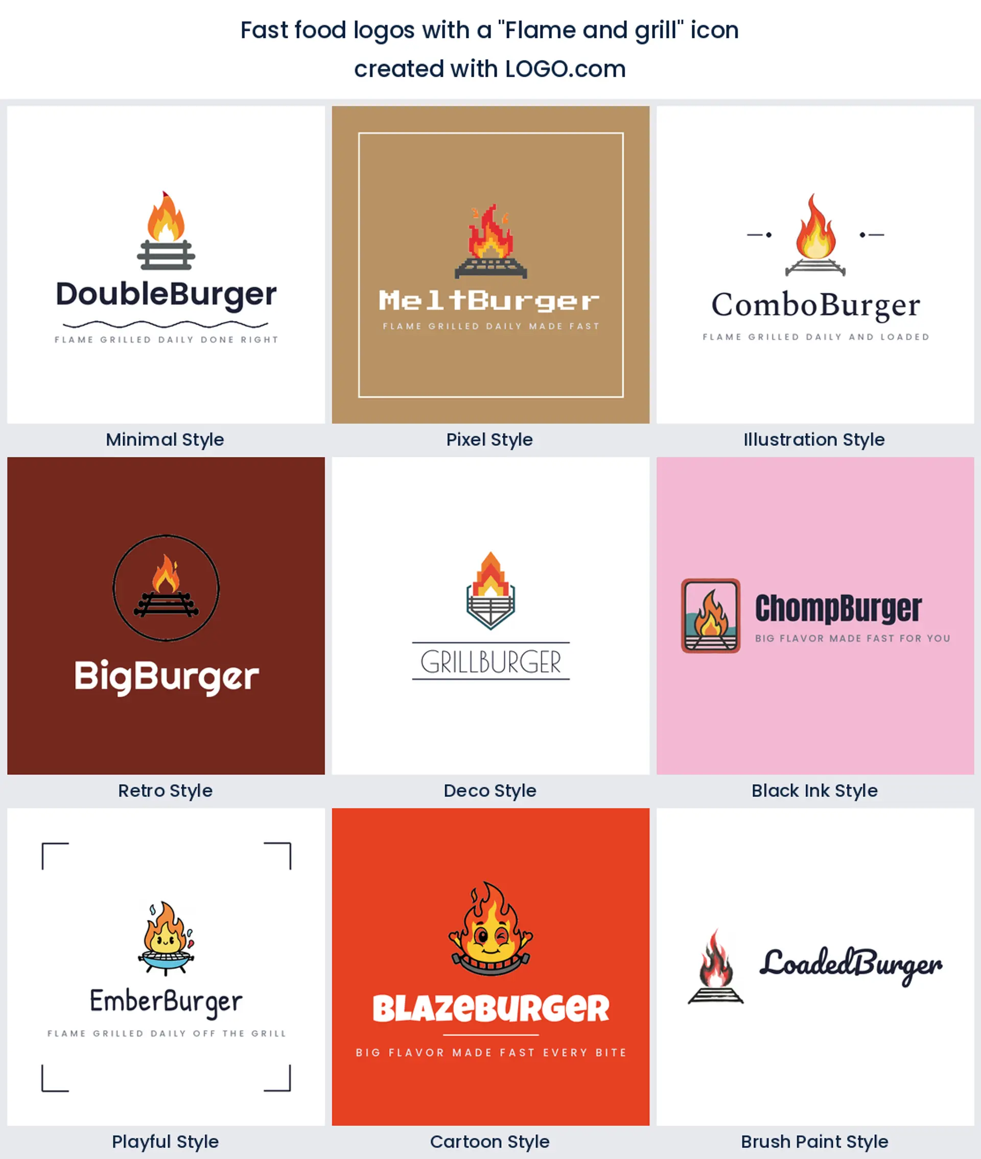 Flame and grill fast food logo shown in nine LOGO.com styles.