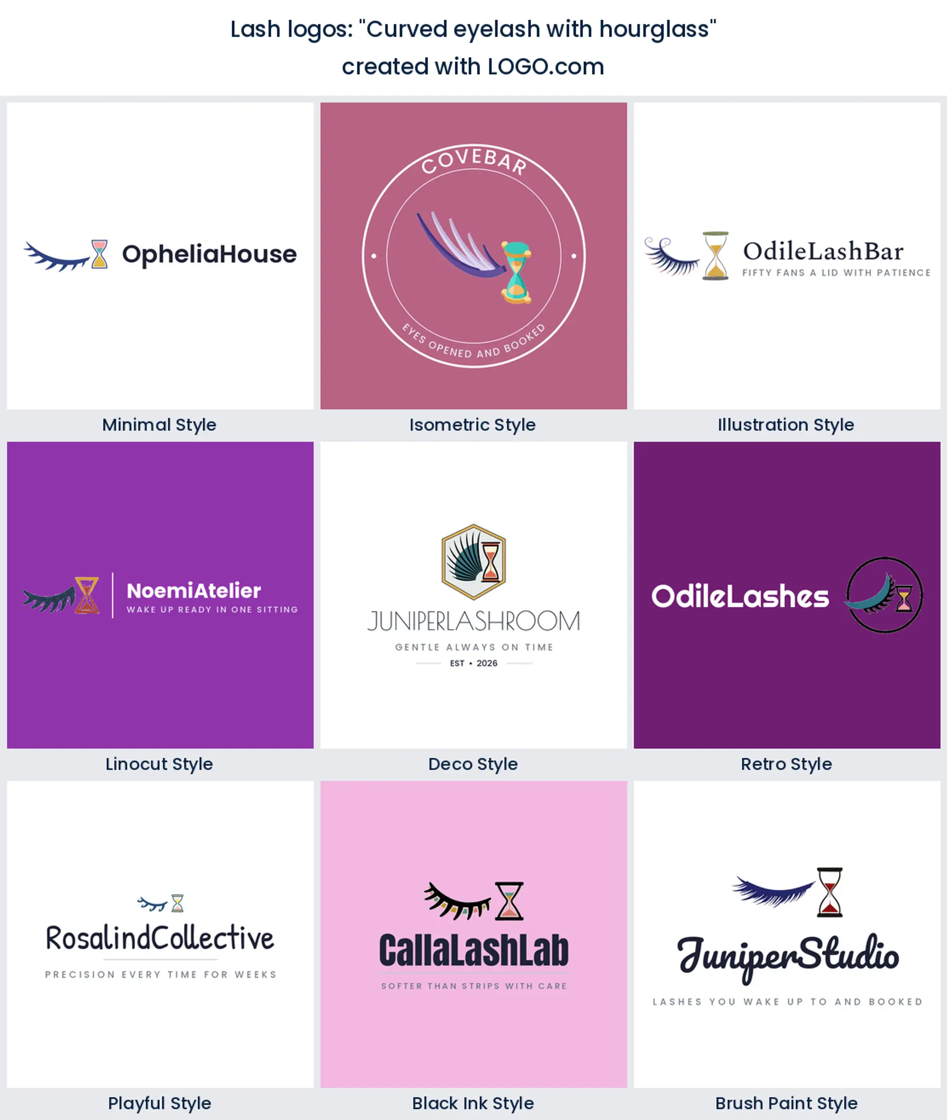 A lash logo built from the founder prompt "Curved eyelash with hourglass", shown in nine design styles.