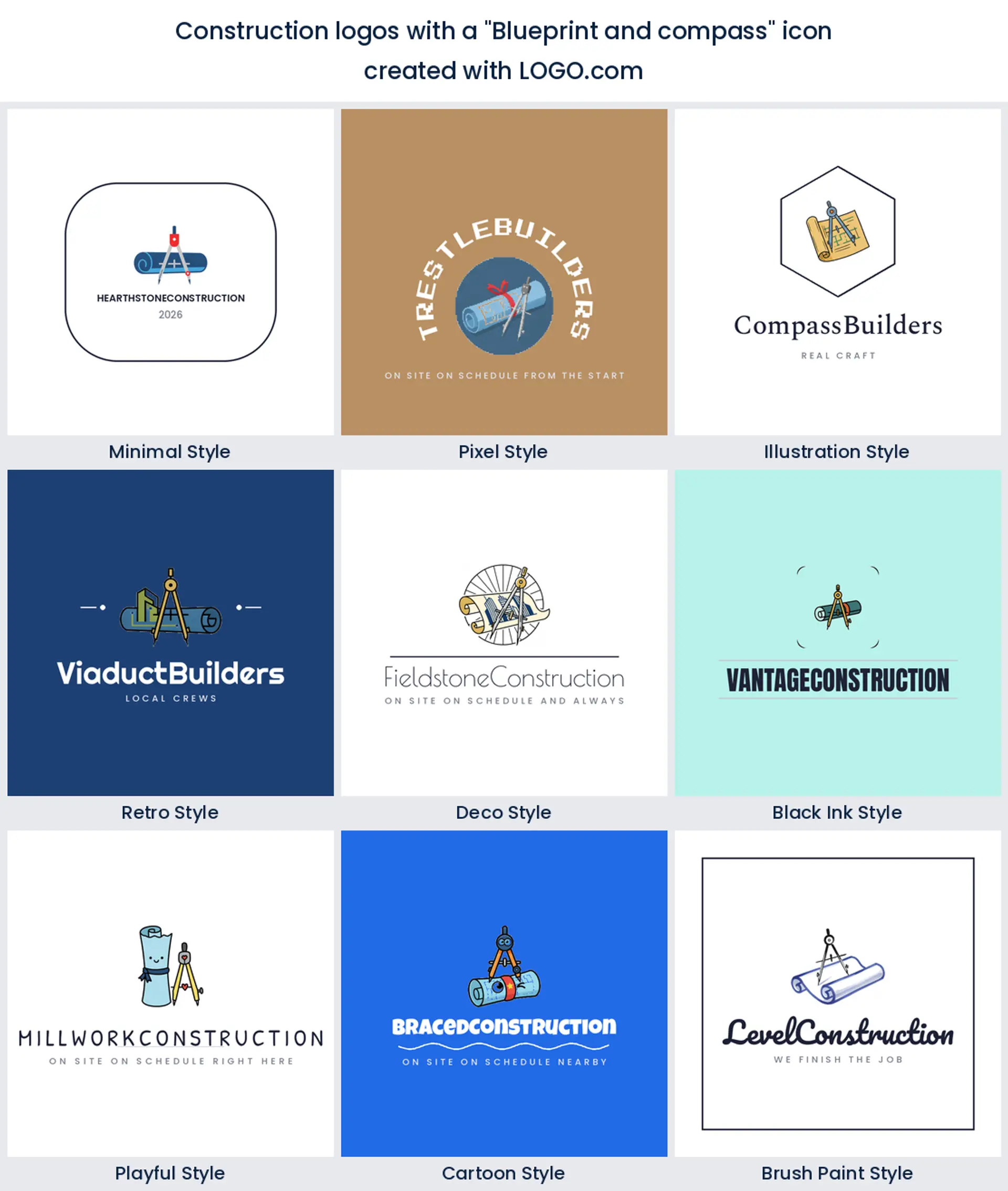 Blueprint and compass icon for a construction brand, shown in nine LOGO.com styles
