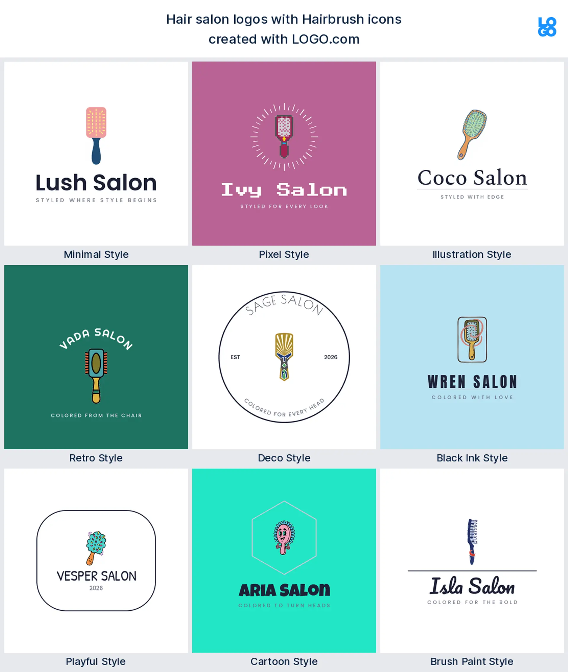 Hairbrush shown across nine LOGO.com hair salon logo styles