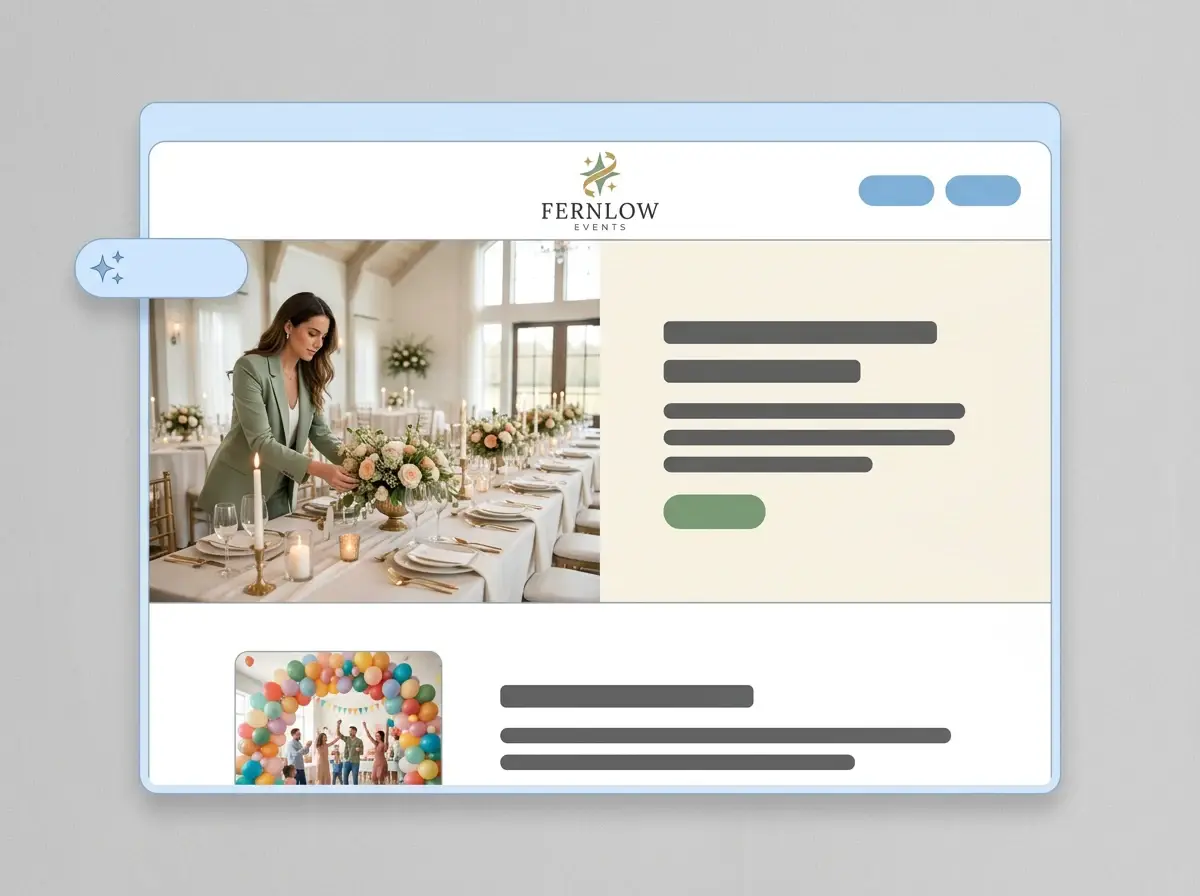 Finished Fernlow Events website built by LOGO.com from the uploaded logo, with a planner styling a candlelit reception table in the hero and a balloon arch thumbnail