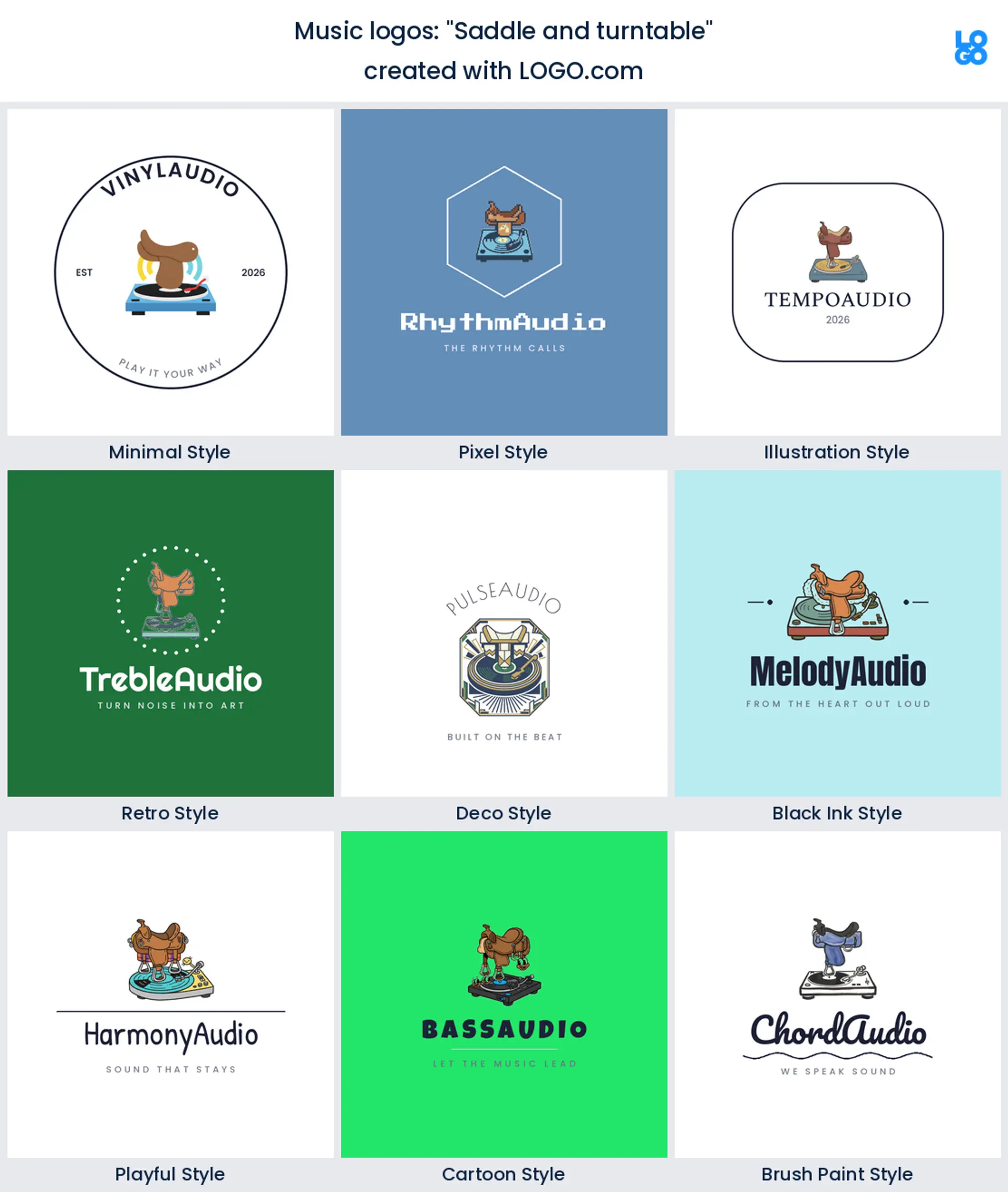 Saddle and turntable, a music logo idea shown in nine LOGO.com styles