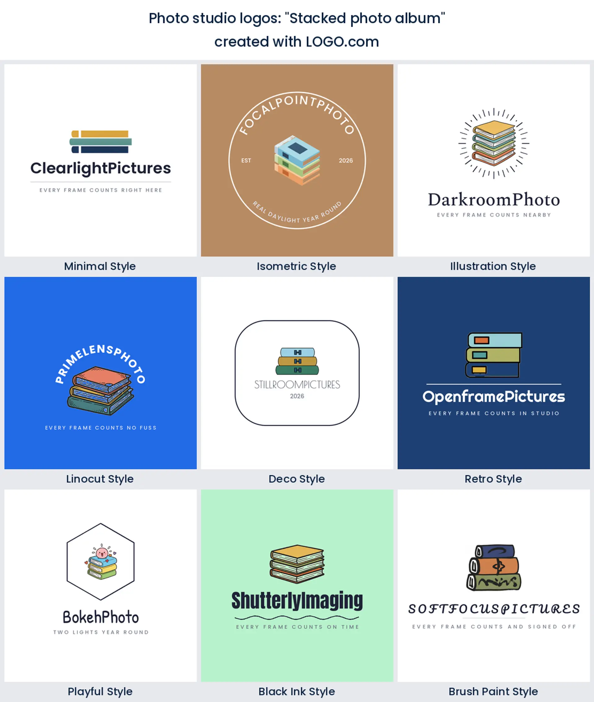 Photo studio logos from the prompt stacked photo album in nine styles