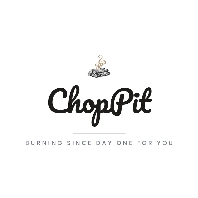 A brush style stacked logs with rising smoke logo on a white background.