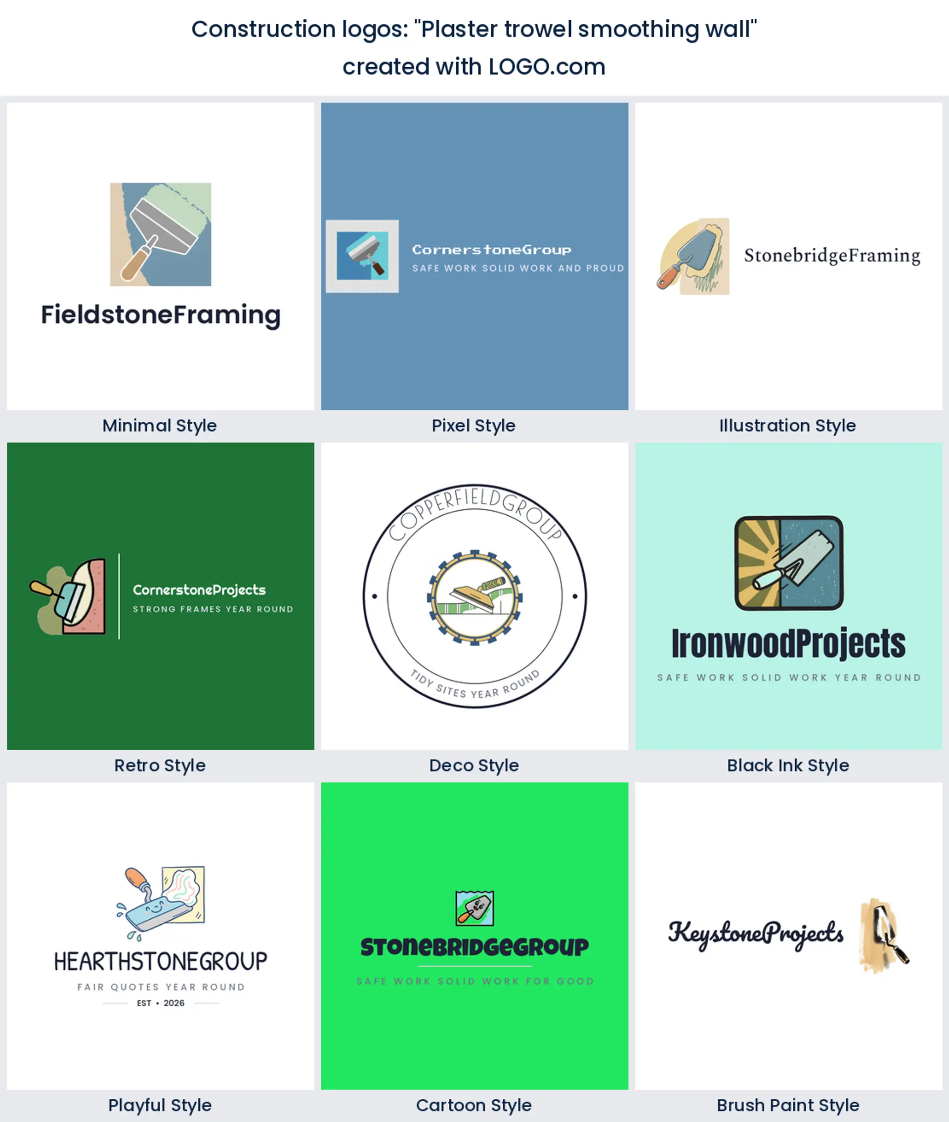 Plaster trowel construction logo idea, shown in nine LOGO.com styles