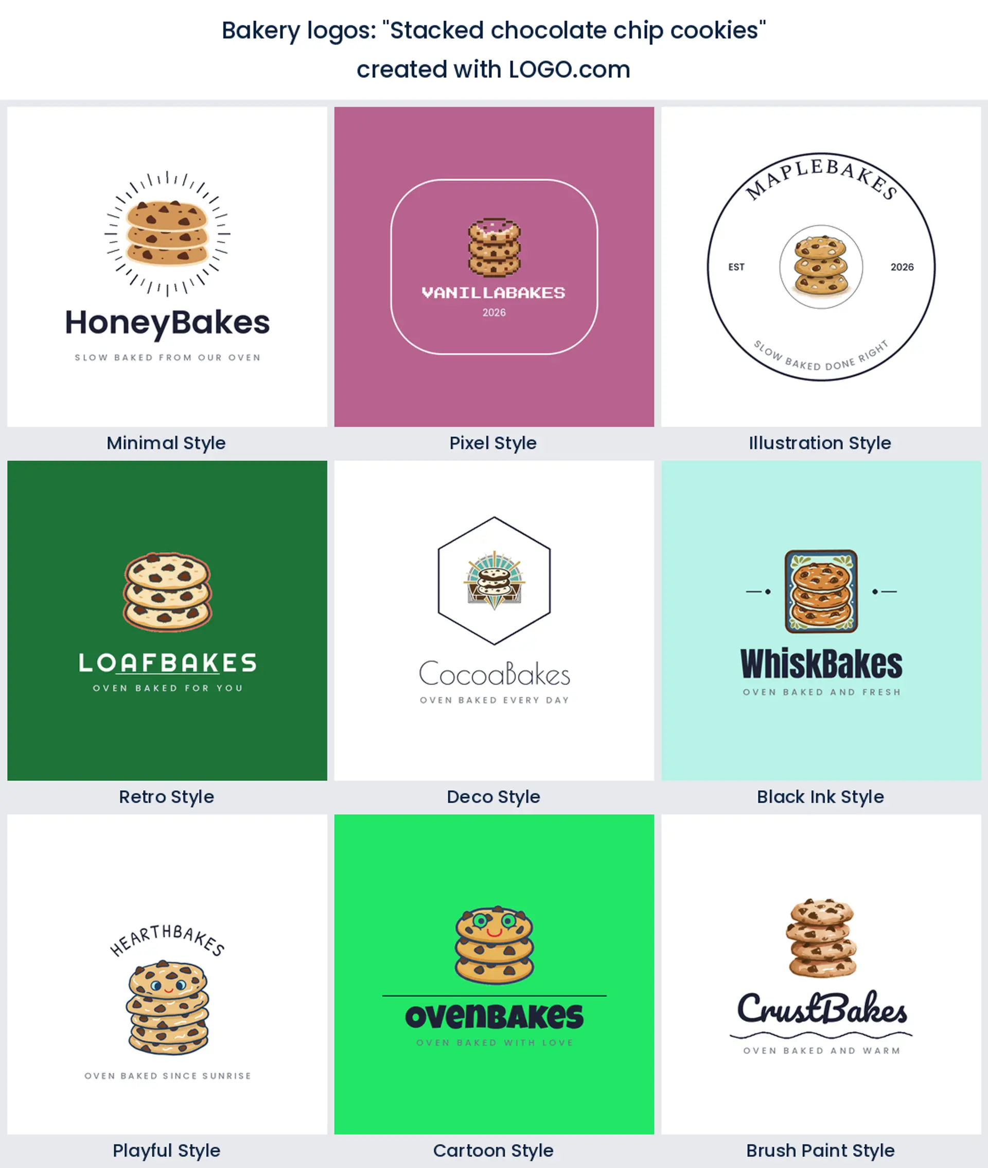 Stacked chocolate chip cookies bakery logo in nine styles.