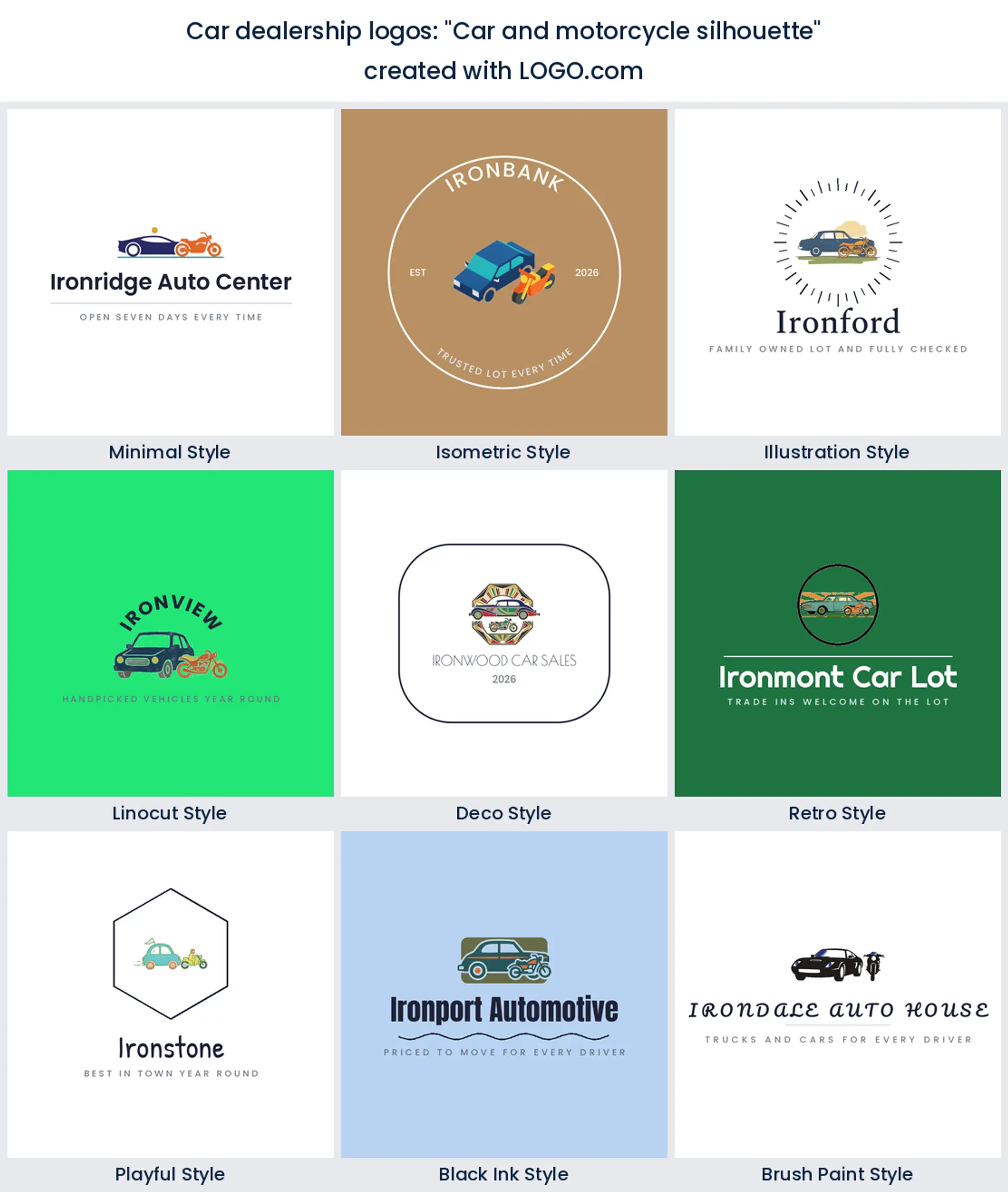 Car and motorcycle silhouette automotive logo in nine styles