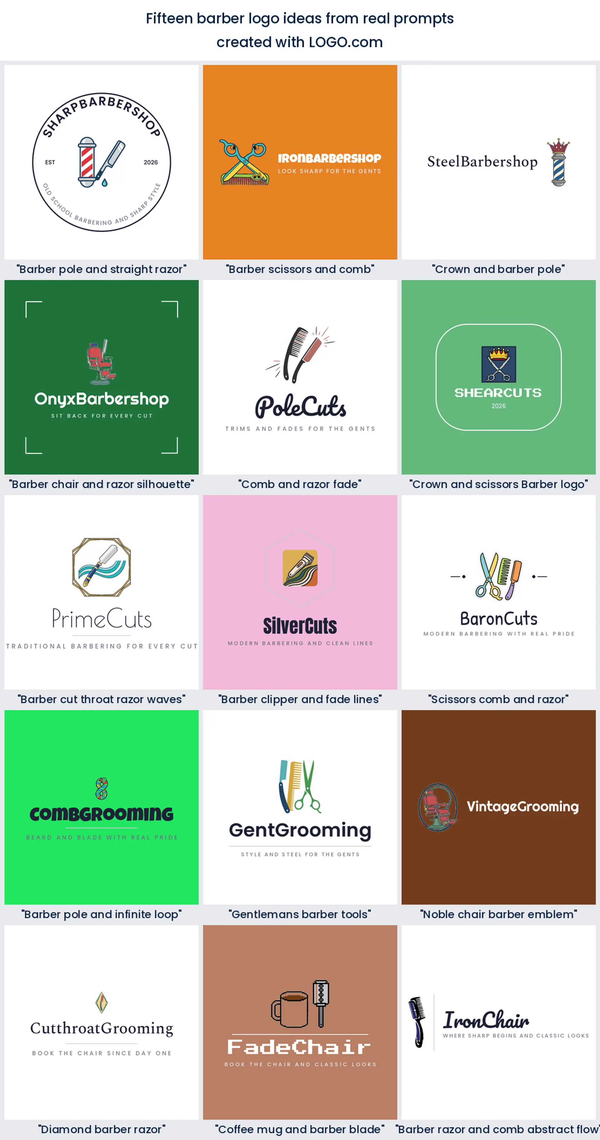 Fifteen barber logo ideas shown across nine LOGO.com styles.