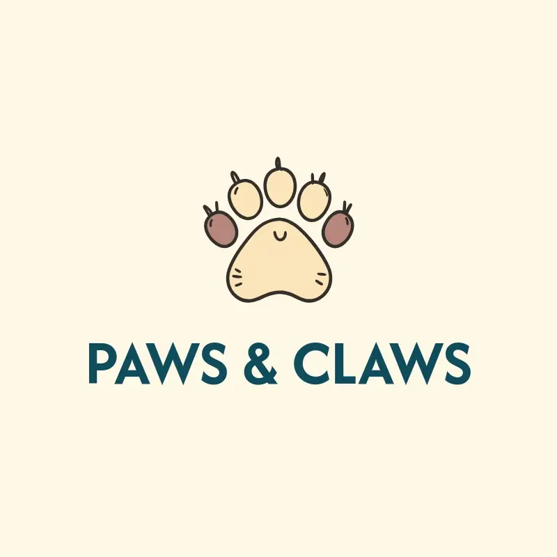 The pet business name Paws and Claws as a branded logo with a color icon