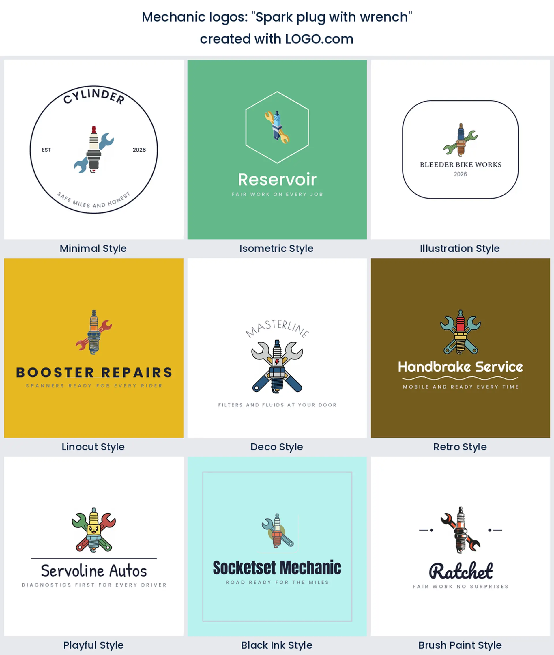 Spark plug and wrench mechanic logo in nine styles