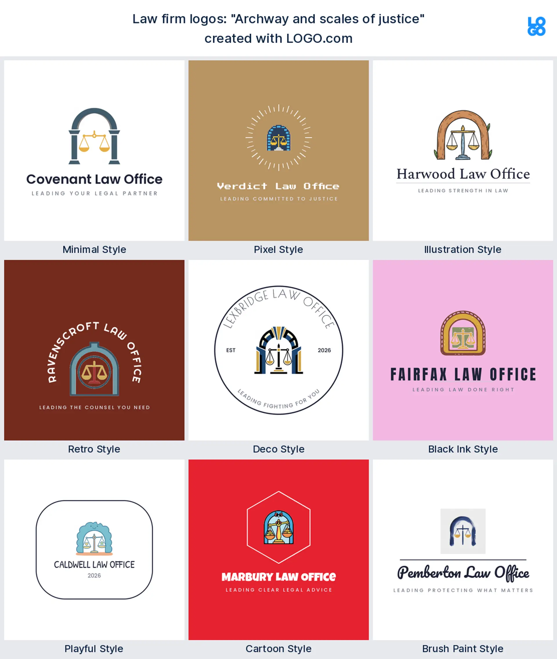 The "Archway and scales of justice" legal logo idea, shown across nine styles on LOGO.com
