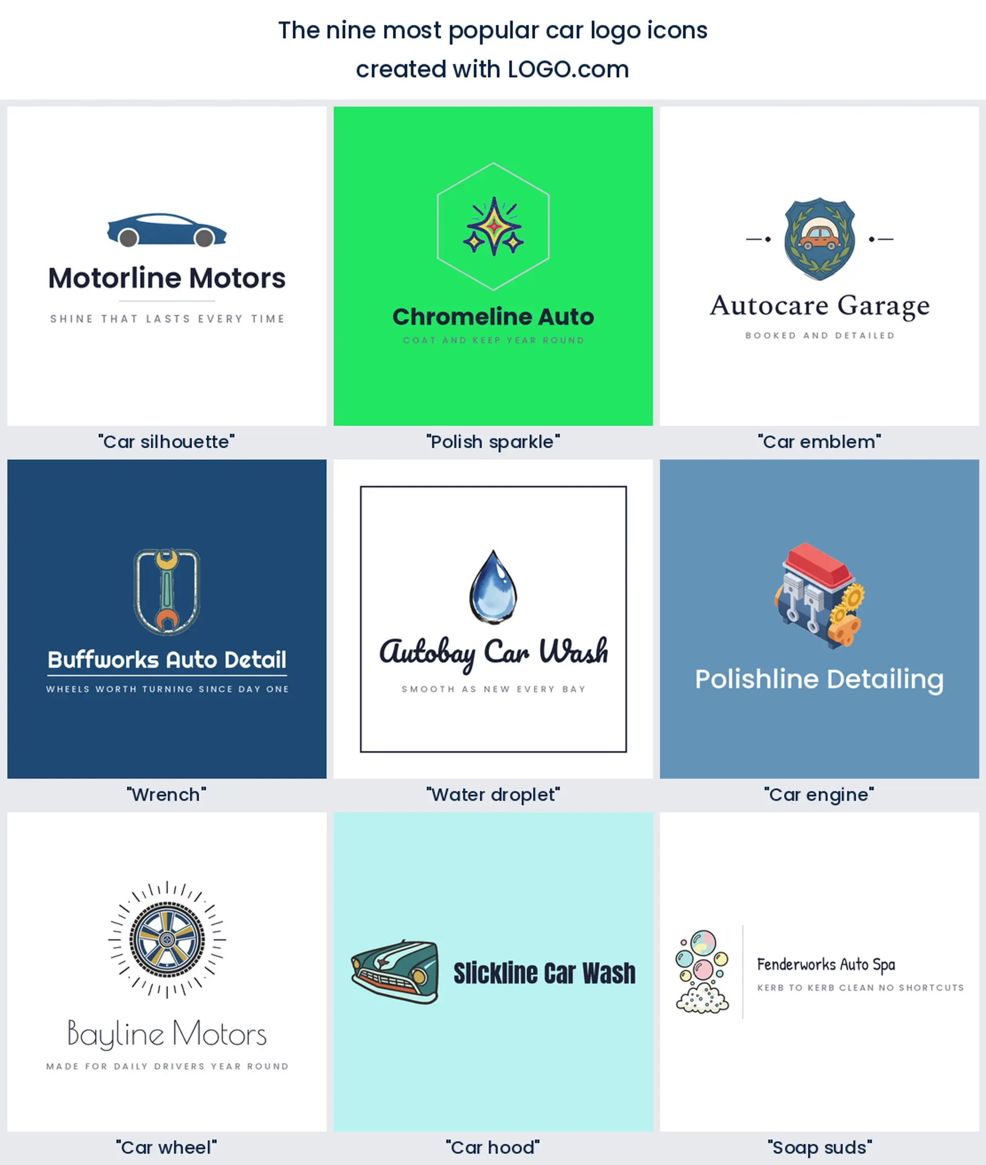The nine most popular car logo icons ranked from LOGO.com brand data, shown as nine finished car and automotive logos.