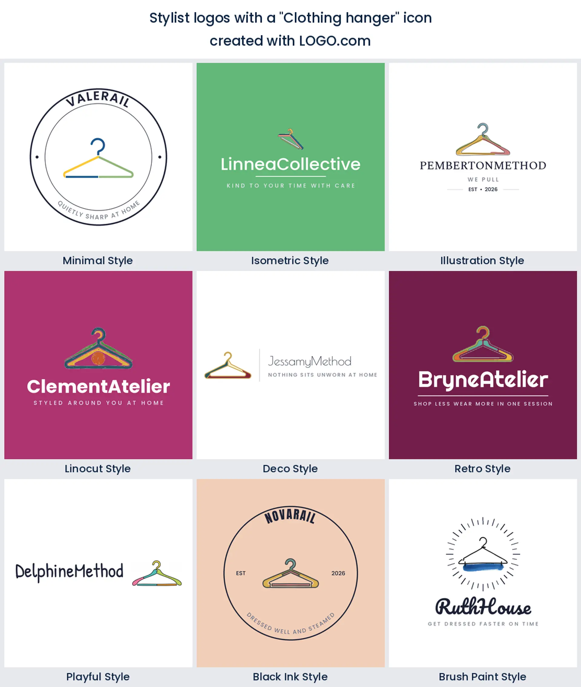 Clothing hanger stylist logo shown in nine LOGO.com styles