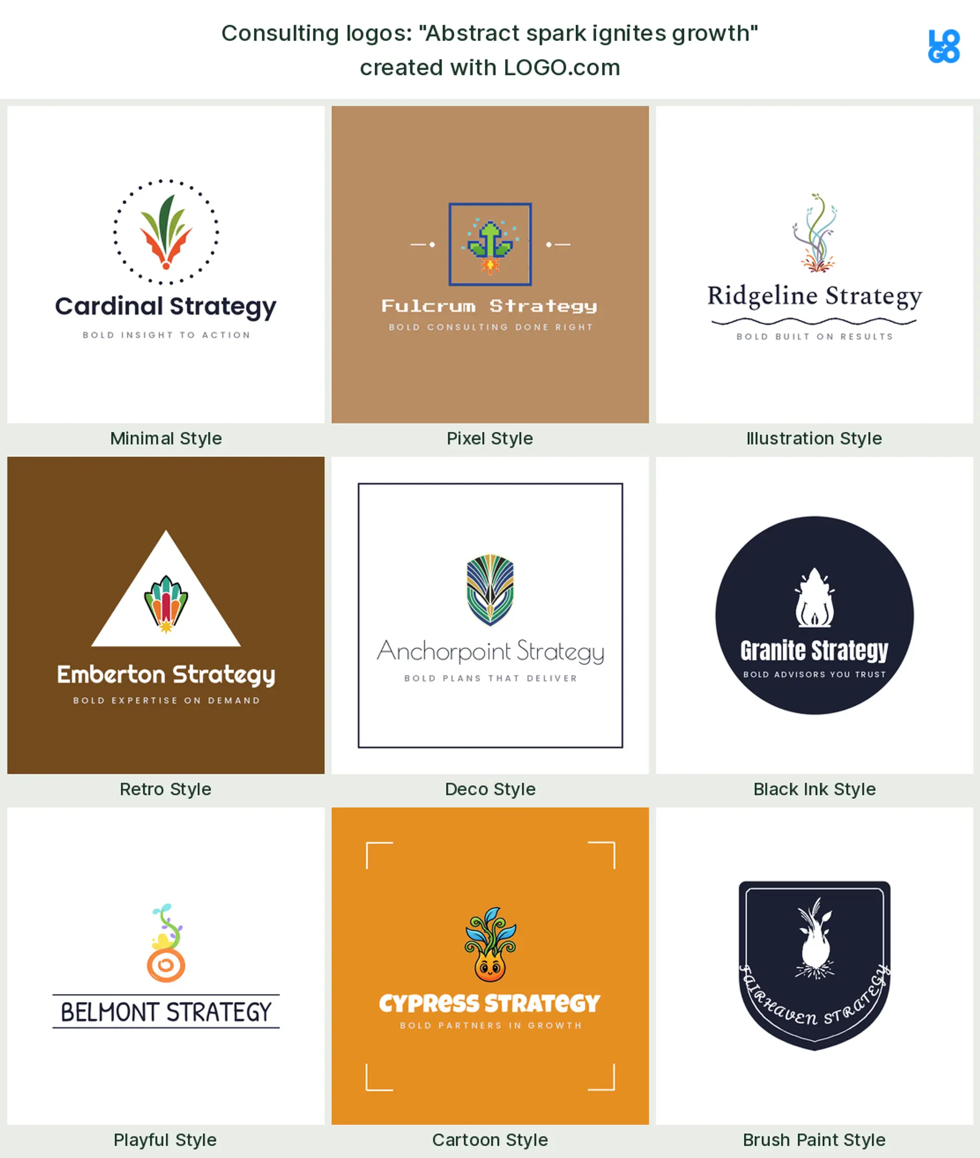 The "Abstract spark ignites growth" business consulting logo idea, shown across nine styles on LOGO.com