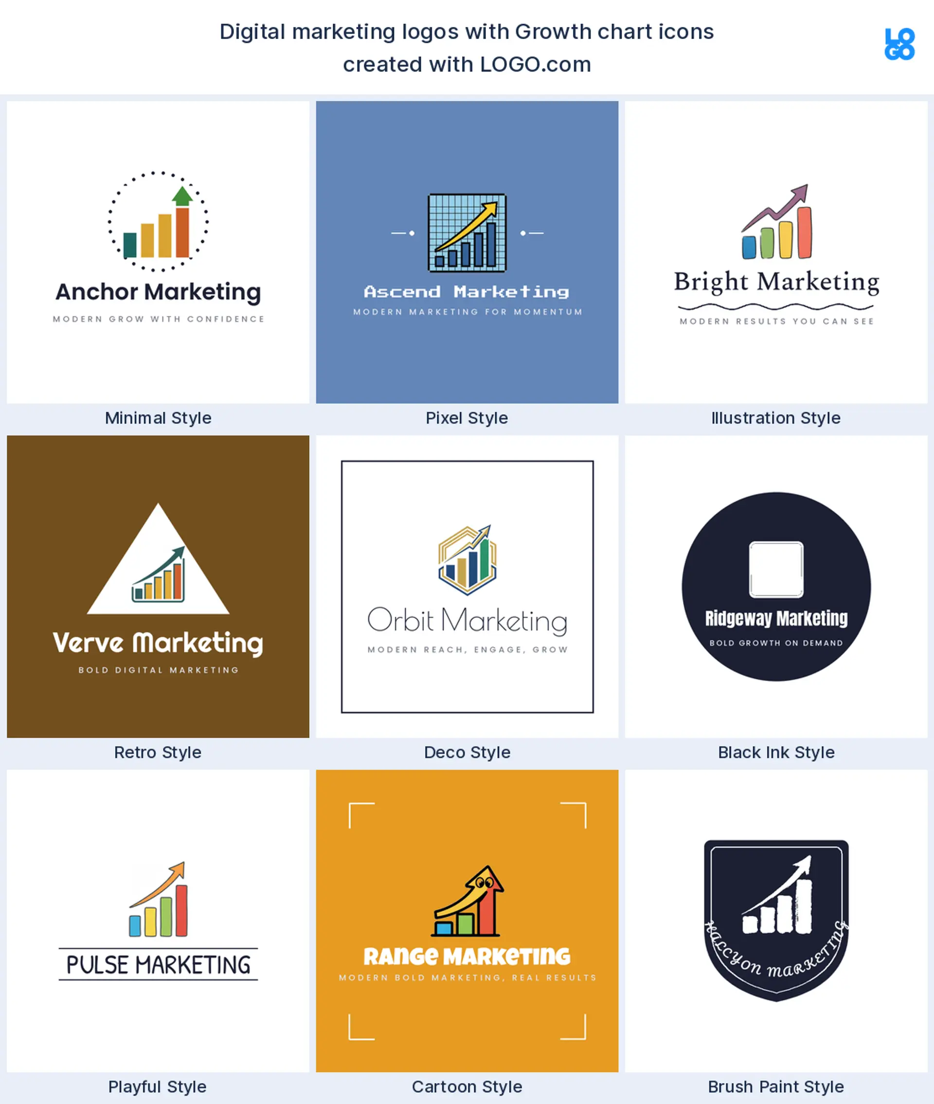 Growth chart, a popular digital marketing logo symbol, shown across nine styles on LOGO.com