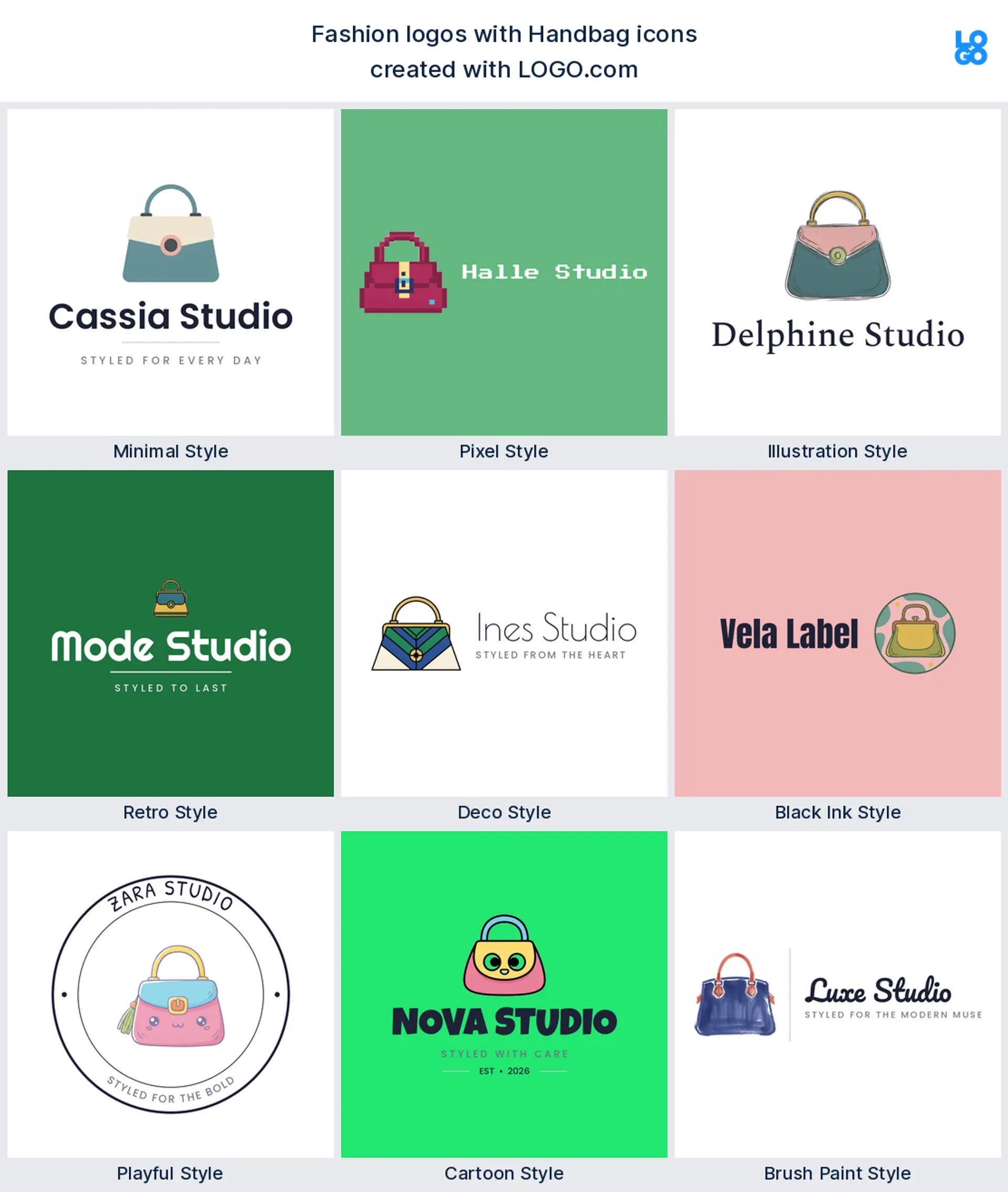 Handbag shown across nine LOGO.com logo styles