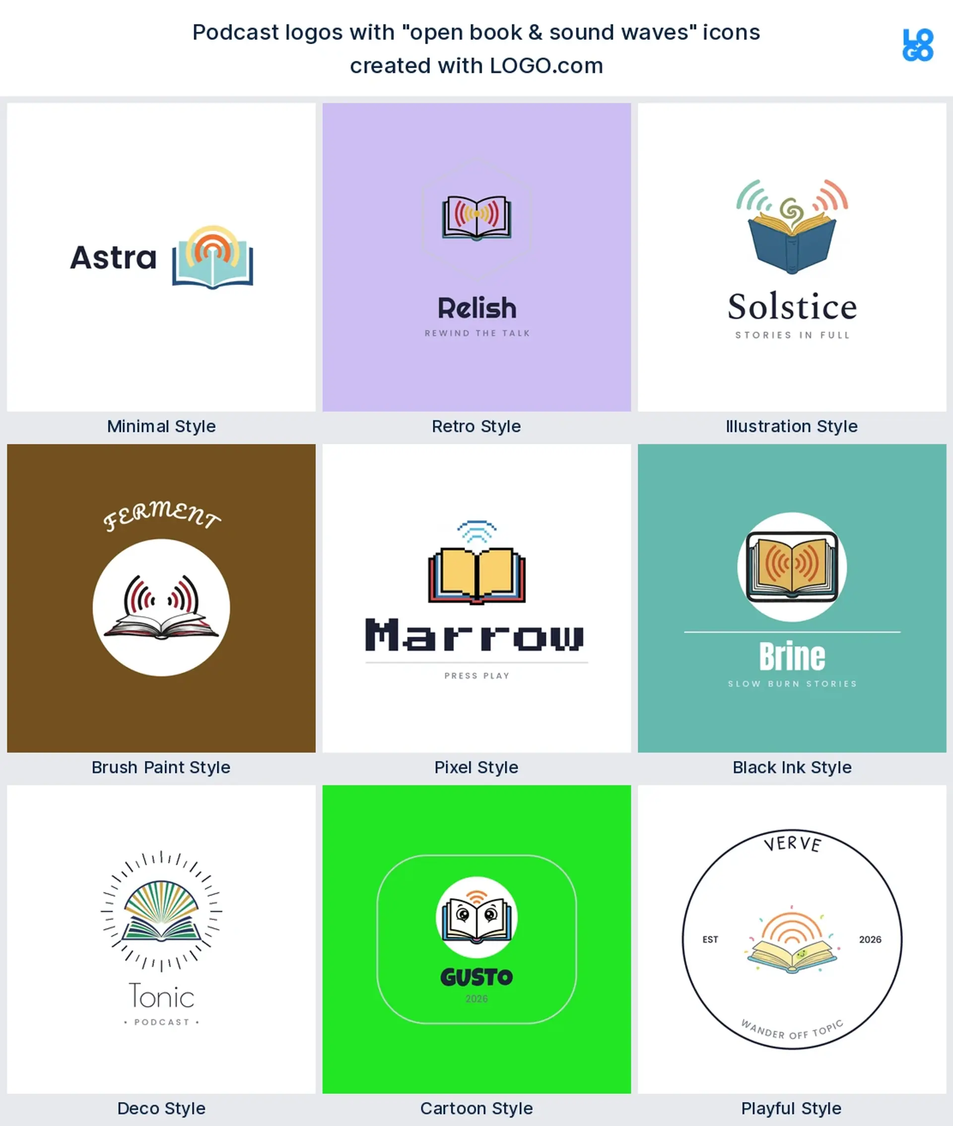 Open book and sound waves podcast logo shown in nine LOGO.com styles