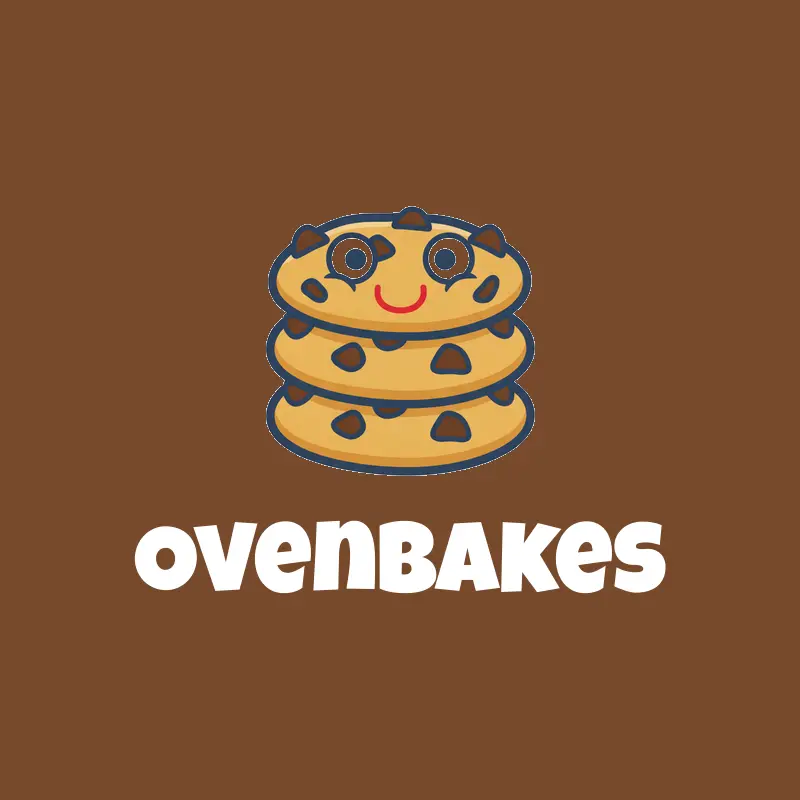 A cartoon stack of chocolate chip cookies bakery logo on a brown background.