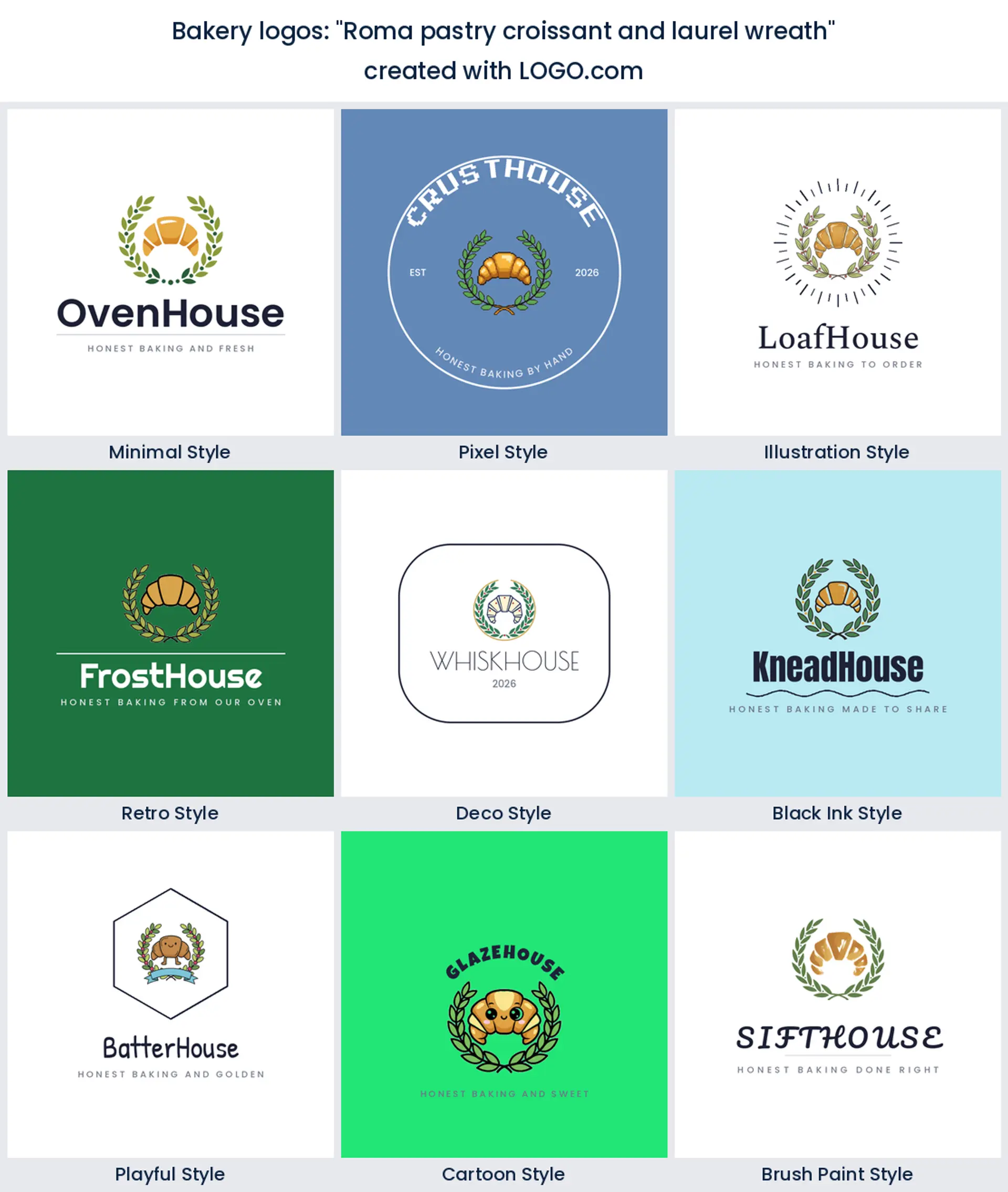 Croissant and laurel wreath bakery logo in nine styles.