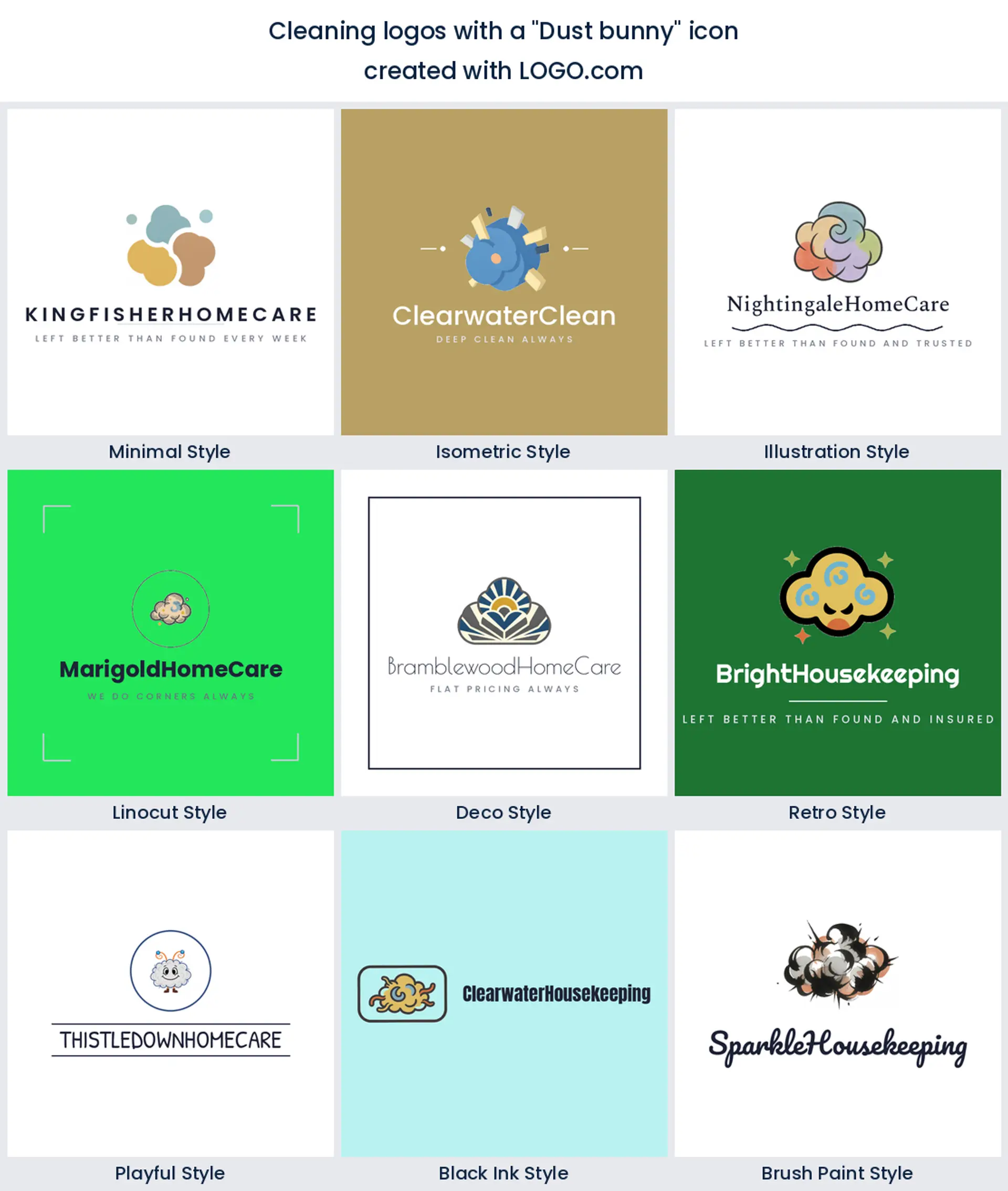Dust bunny cleaning logo shown in nine LOGO.com styles