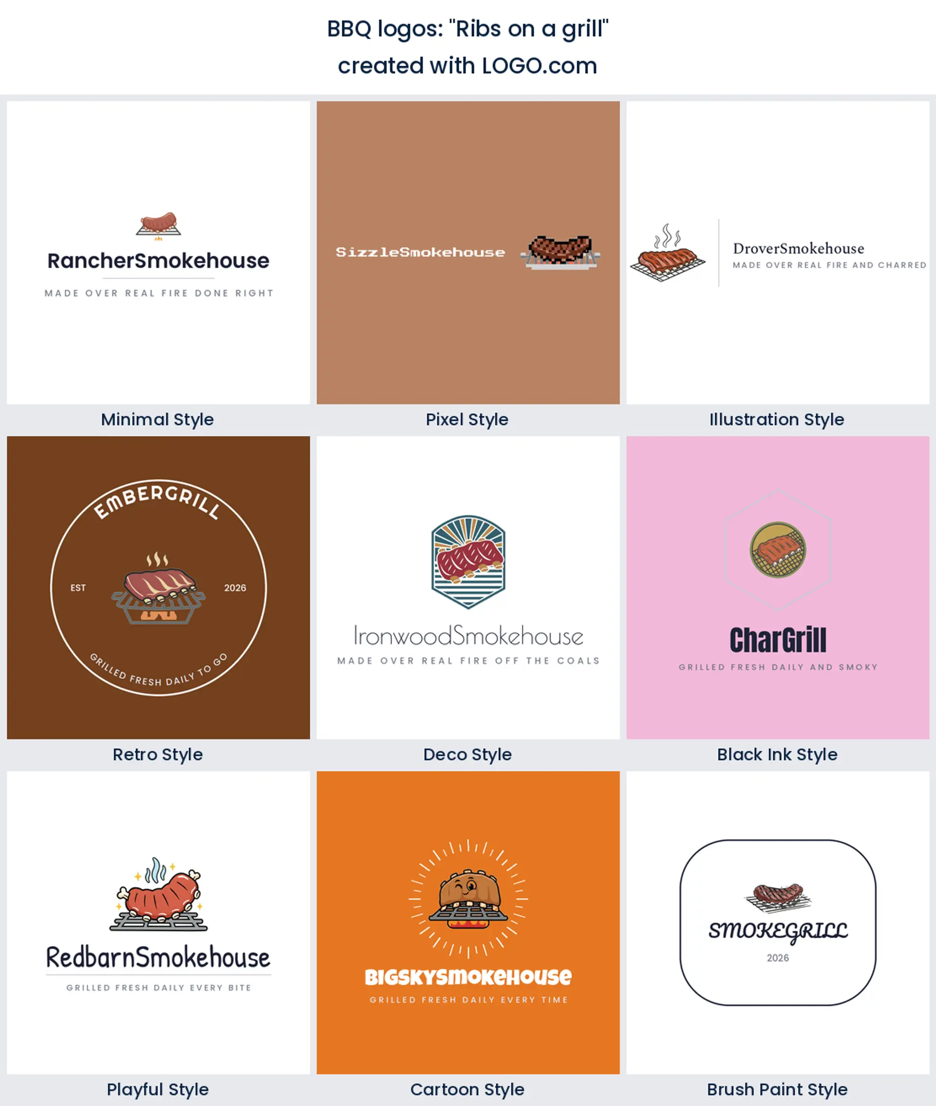 Ribs on a grill logo in nine styles.