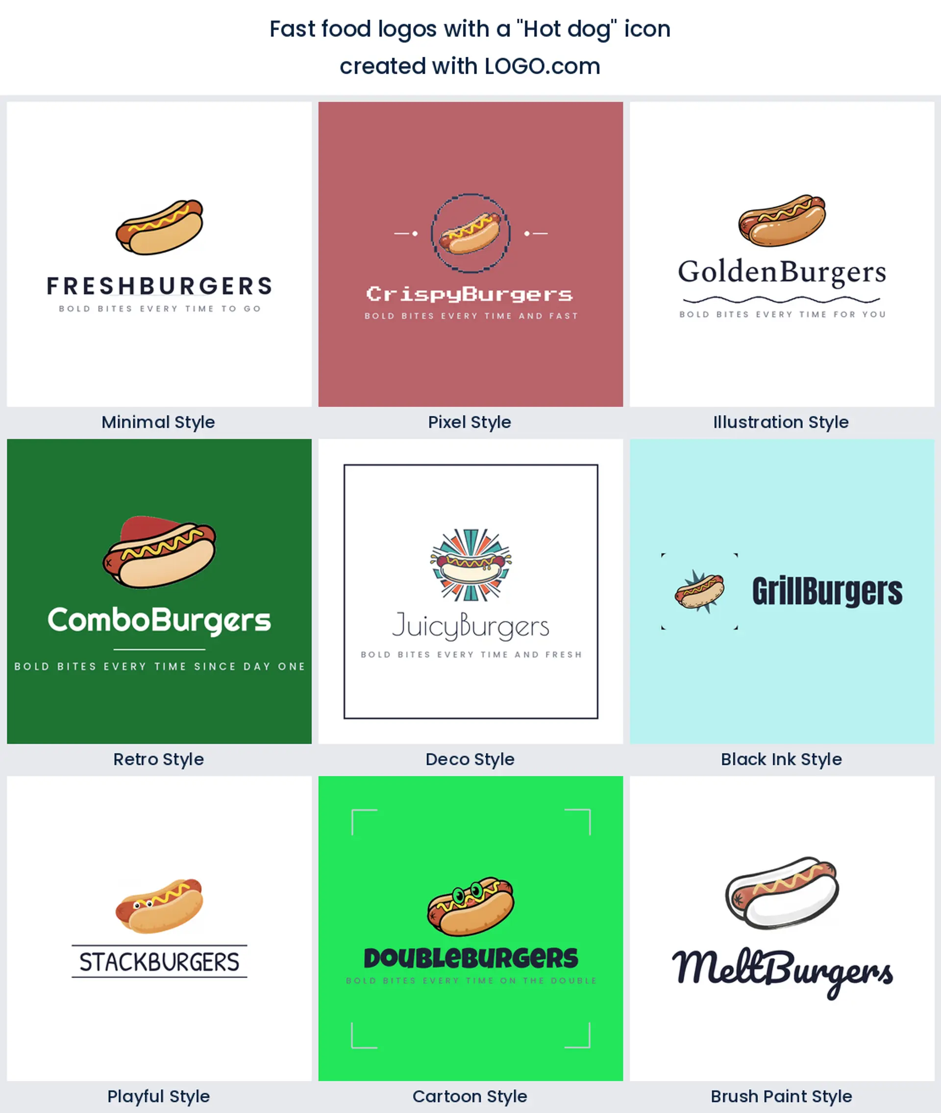 Hot dog fast food logo shown in nine LOGO.com styles.