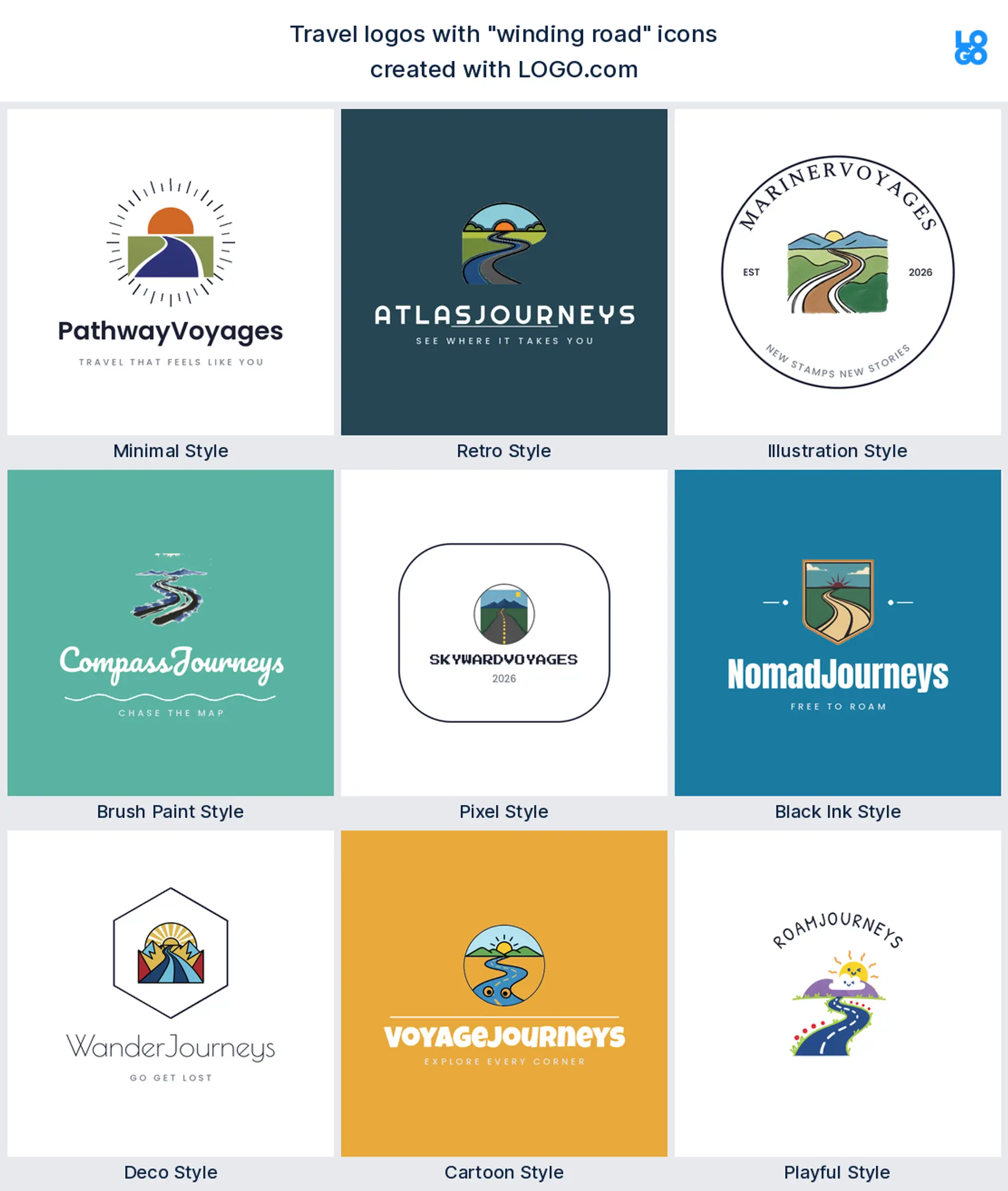 Winding road, retro travel logo shown in nine LOGO.com styles