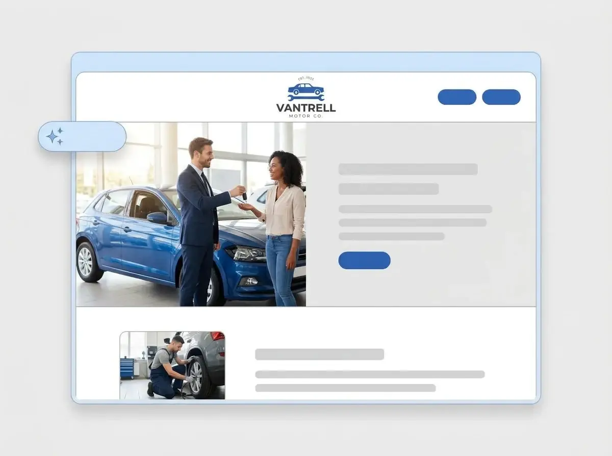 Finished Vantrell Motor Co. dealership website built by LOGO.com from the uploaded logo, with a salesperson handing over car keys in the hero and a tire check thumbnail