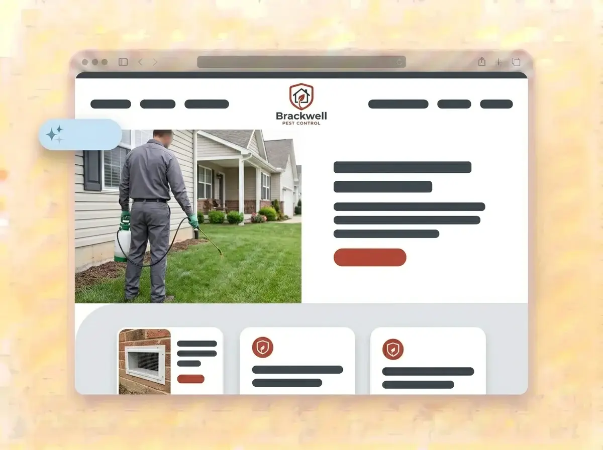 Finished Brackwell Pest Control website built by LOGO.com from the uploaded logo, with a technician applying a perimeter treatment around a house in the hero photo