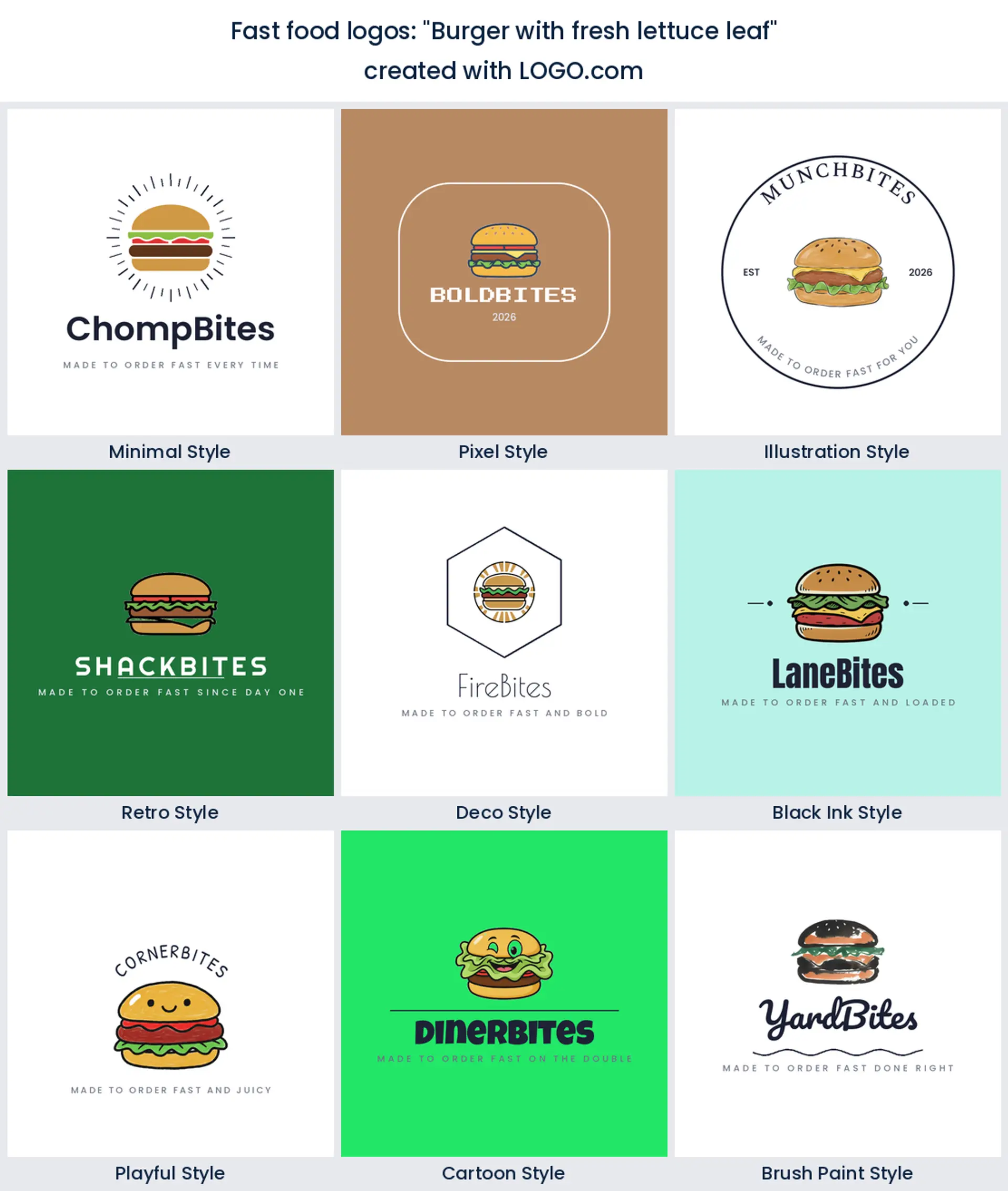 Burger with a fresh lettuce leaf logo in nine styles.
