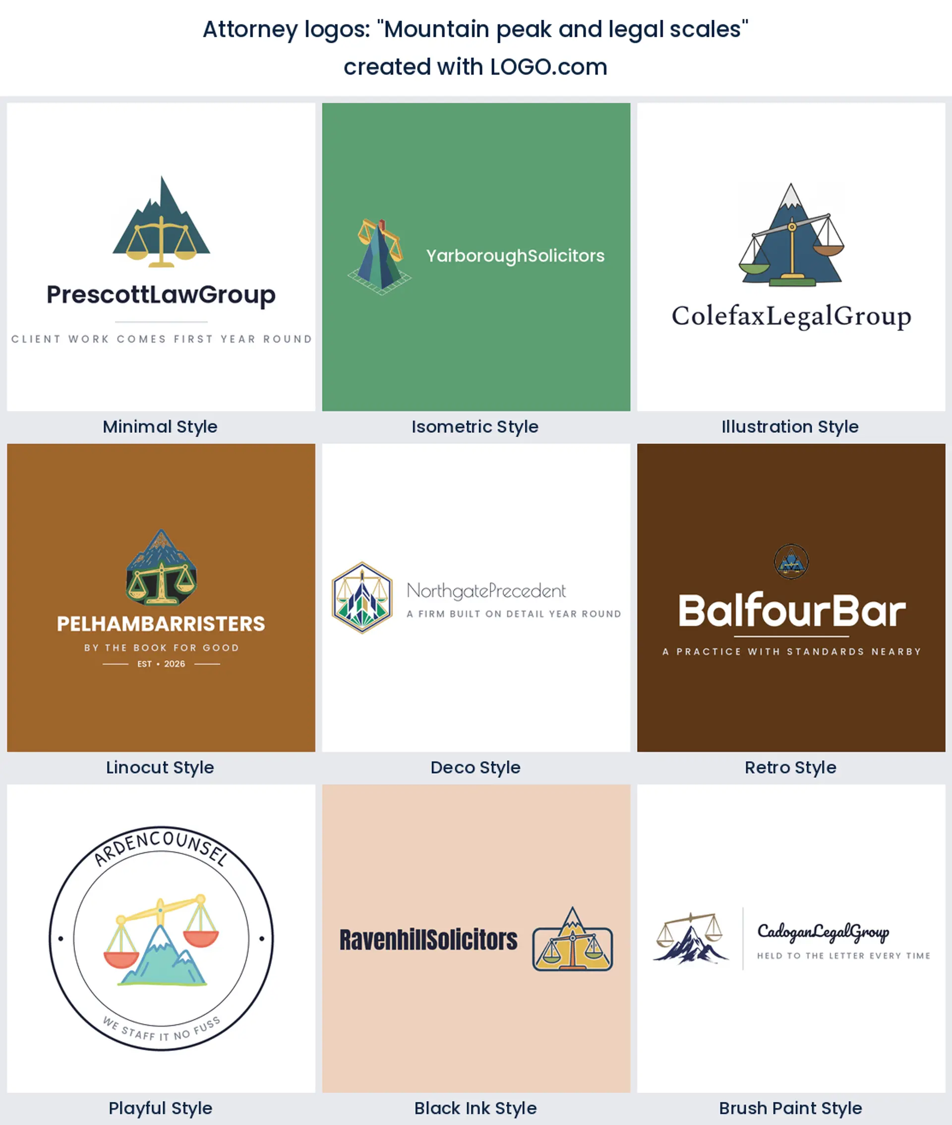 Nine styles of legal firm logo with a mountain peak behind balanced scales