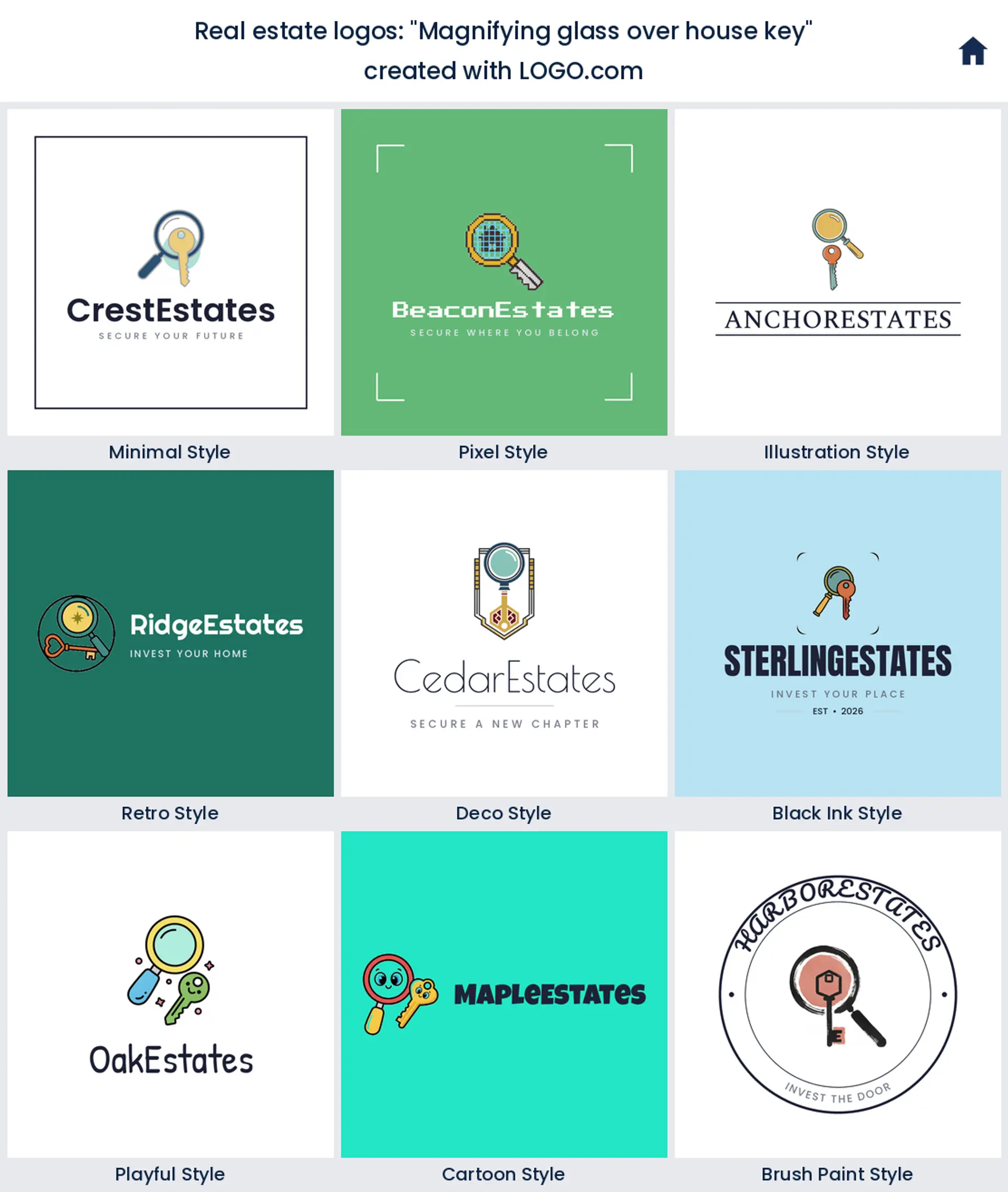 Magnifying glass over house key, a real estate logo idea shown in nine LOGO.com styles