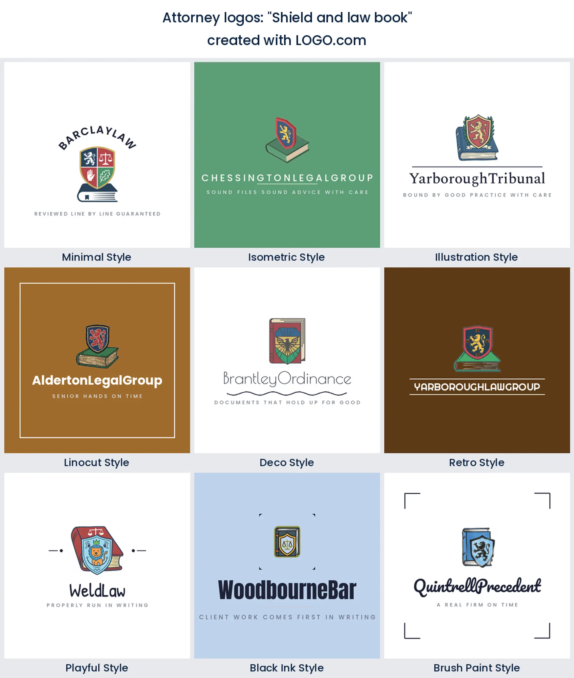Nine styles of legal firm logo with a shield in front of a closed law book