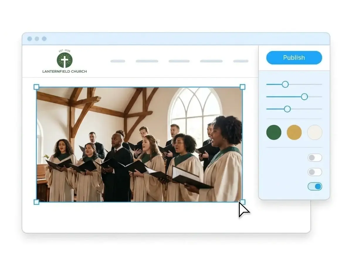 Editing the Lanternfield Church website with a choir photo selected, green, gold and off white color circles and the Publish button
