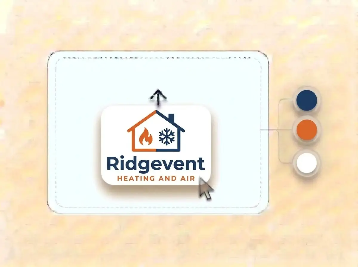 Ridgevent Heating and Air logo, a navy house holding an orange flame and a snowflake on a white card, dropped into the LOGO.com upload box with its colors split into swatches