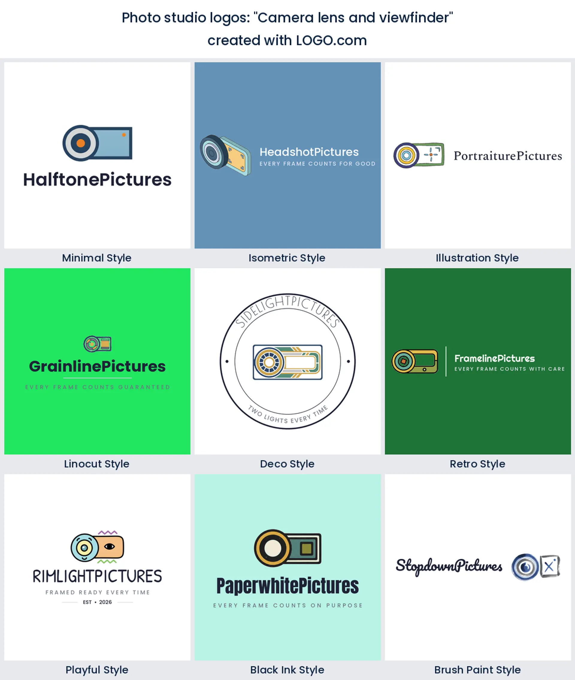 Photo studio logos from the prompt camera lens and viewfinder in nine styles