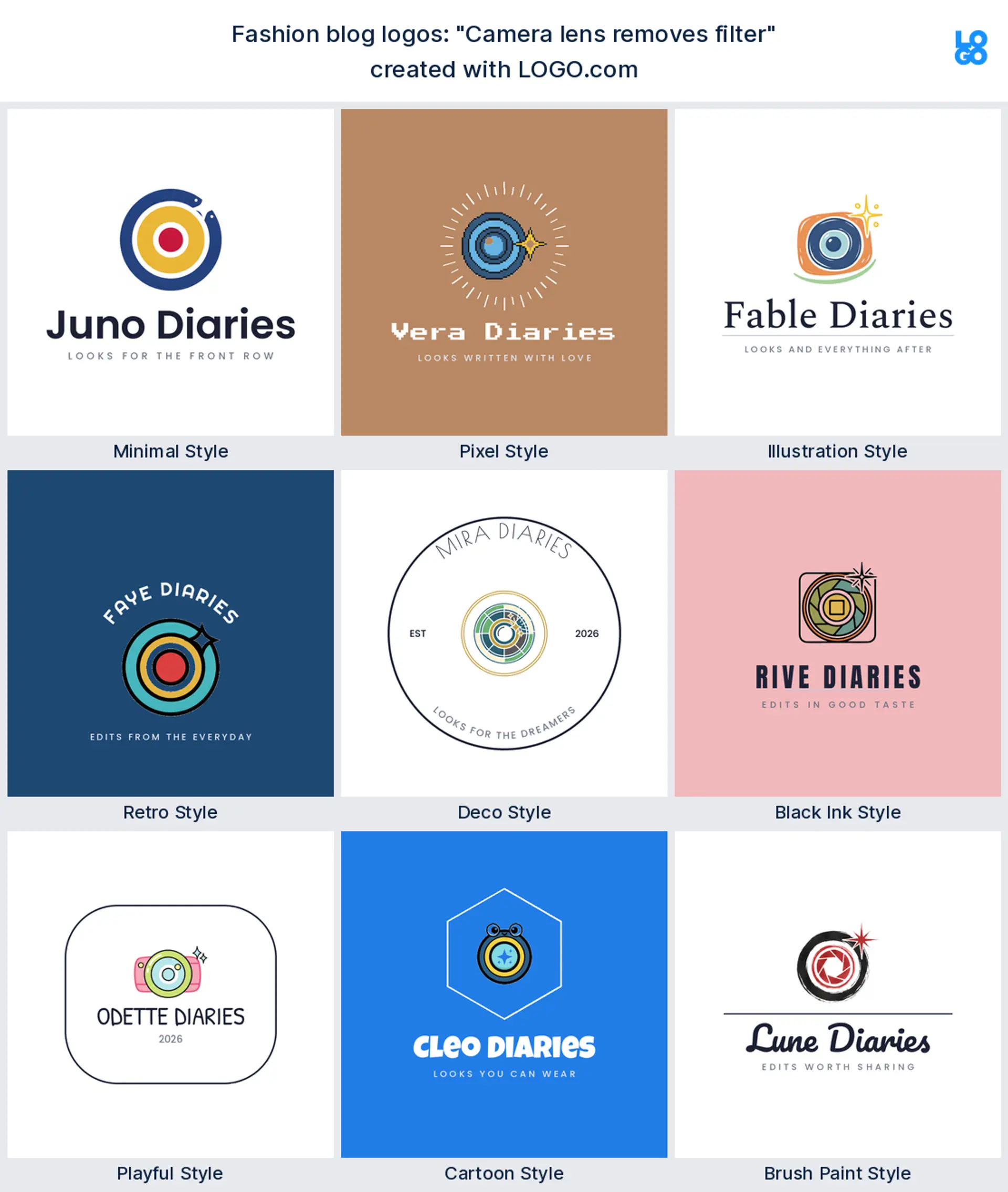 The "Camera lens removes filter" logo idea shown across nine LOGO.com styles