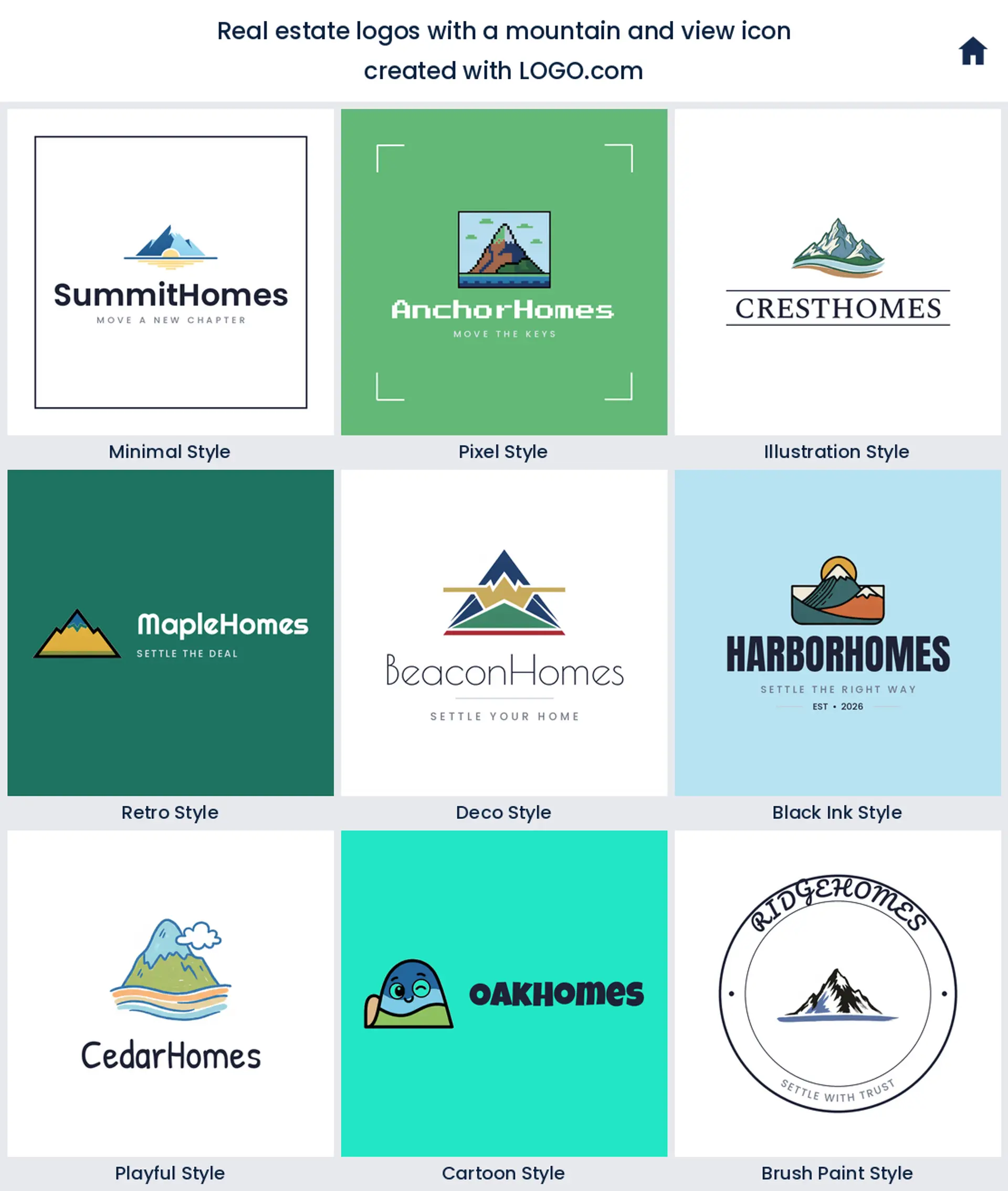 Mountain and view real estate logo shown in nine LOGO.com styles