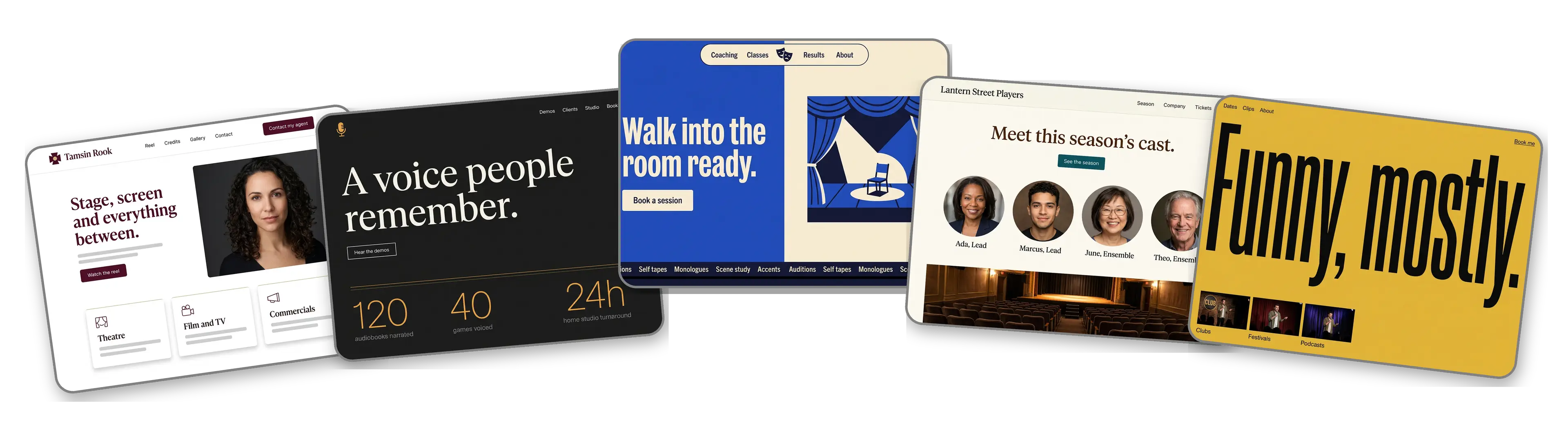 Five performer websites built with LOGO.com from a logo upload: a stage and screen actor, a voice actor, an acting coach, a small theatre company and a stand up comedian